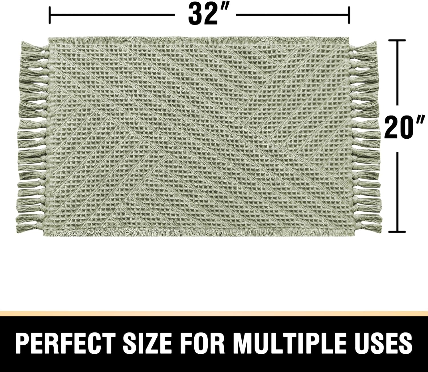 Waffle Bath Mat Super Absorbent Boho Non Slip Rugs for Bathroom Floor Machine Washable Dry Fast with Handmade Tassels, 20" x 32", Sage 32"
