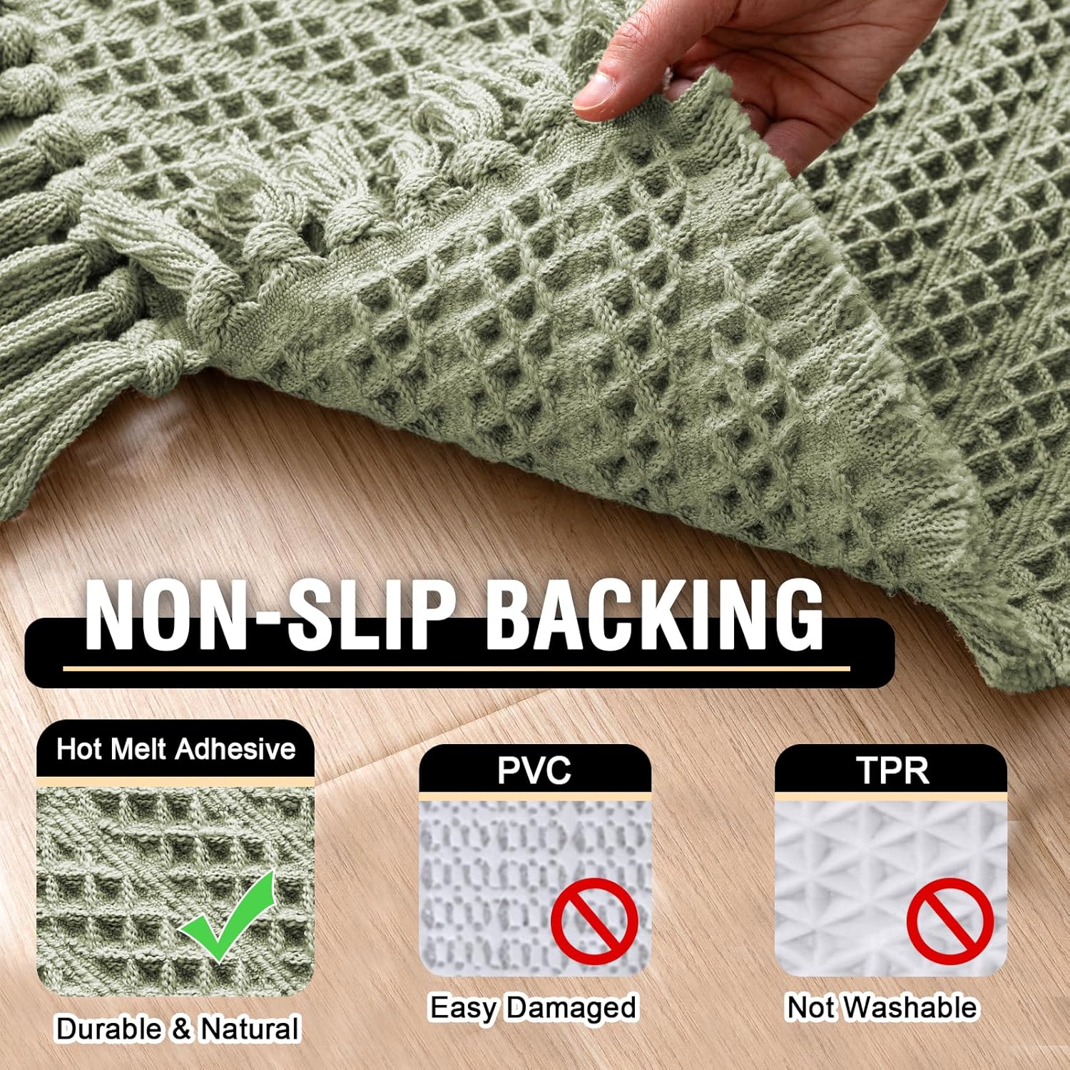 Waffle Bath Mat Super Absorbent Boho Non Slip Rugs for Bathroom Floor Machine Washable Dry Fast with Handmade Tassels, 20" x 32", Sage 32"