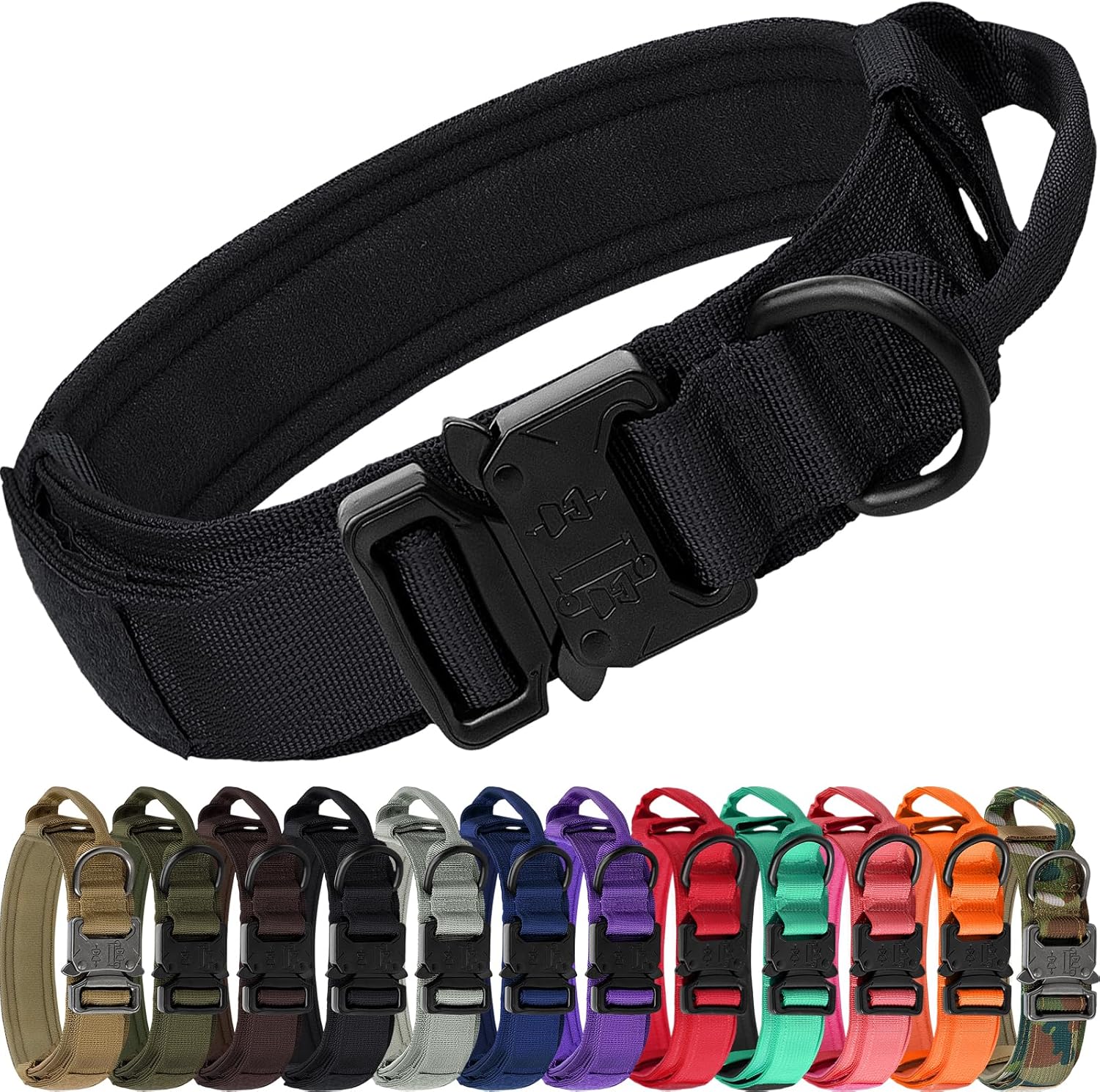 Tactical Dog Collar with Handle and Metal Buckle, Heavy Duty Padded Military 2 Patches for Training, Adjustable Large Dogs, Black, L Black