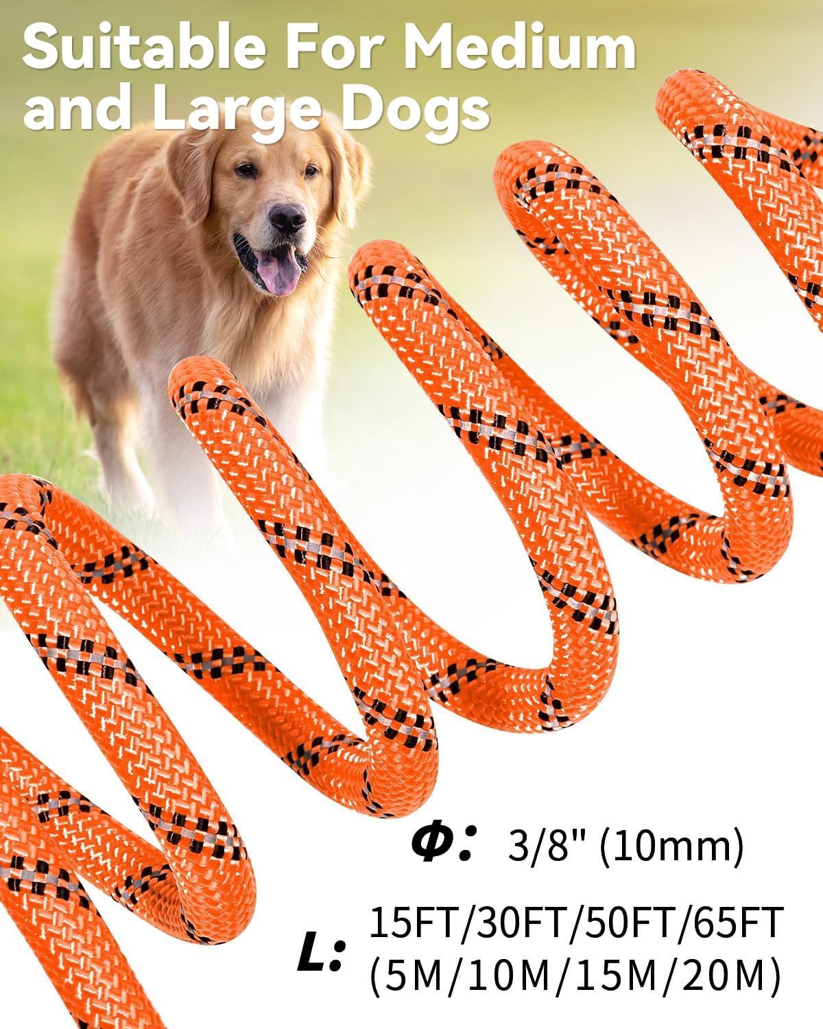 Long Leash for Dog with Removable Padded Handle, Heavy Duty Lead Large Medium Dogs,15FT/30FT/50FT/65FT Reflective Training Play, Camping, Backyard Tie Out, Orange, 30FT Orange