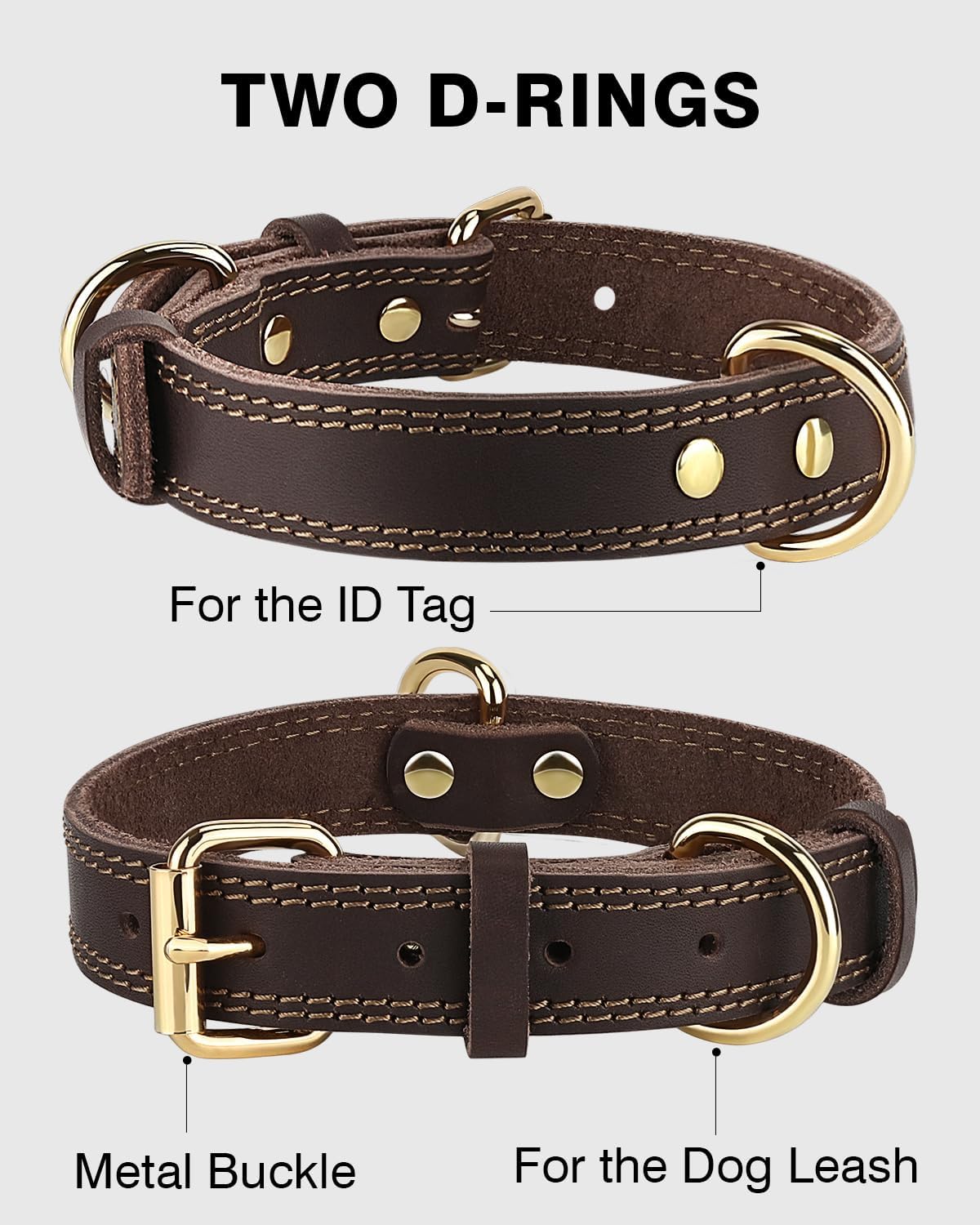 Genuine Leather Dog Collar for Large Dogs, Heavy Duty Thick Solid Power Breeds, Sturdy Adjustable Pet with Metal Pin Buckle, Durable Daily Walking, Brown, L Brown