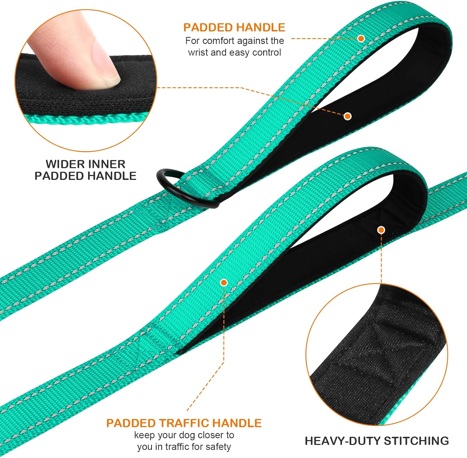 Martingale Dog Collar(12.5-16''), 6FT Double Handle Leash for Training, Teal -
