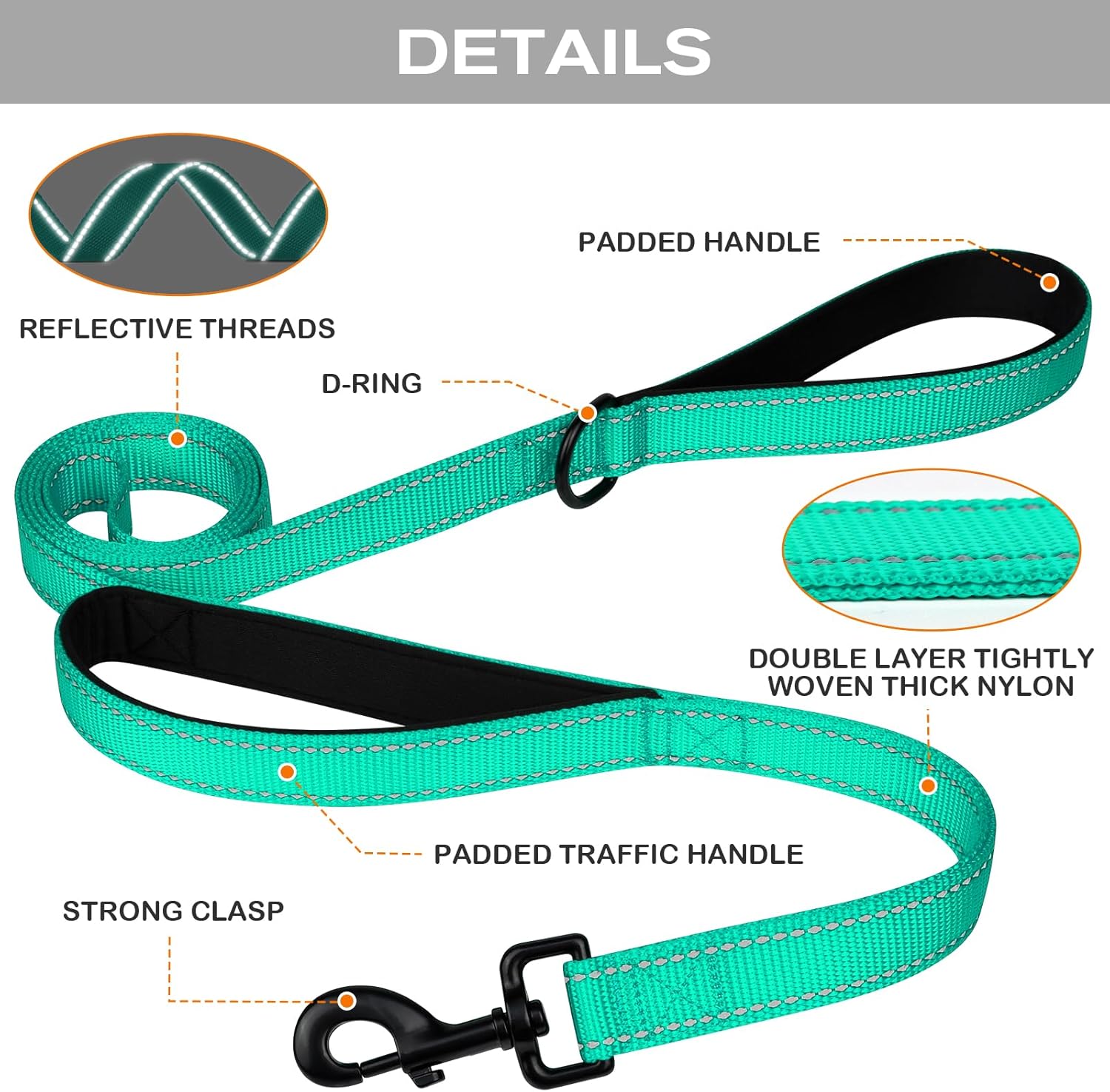 Martingale Dog Collar(12.5-16''), 6FT Double Handle Leash for Training, Teal -