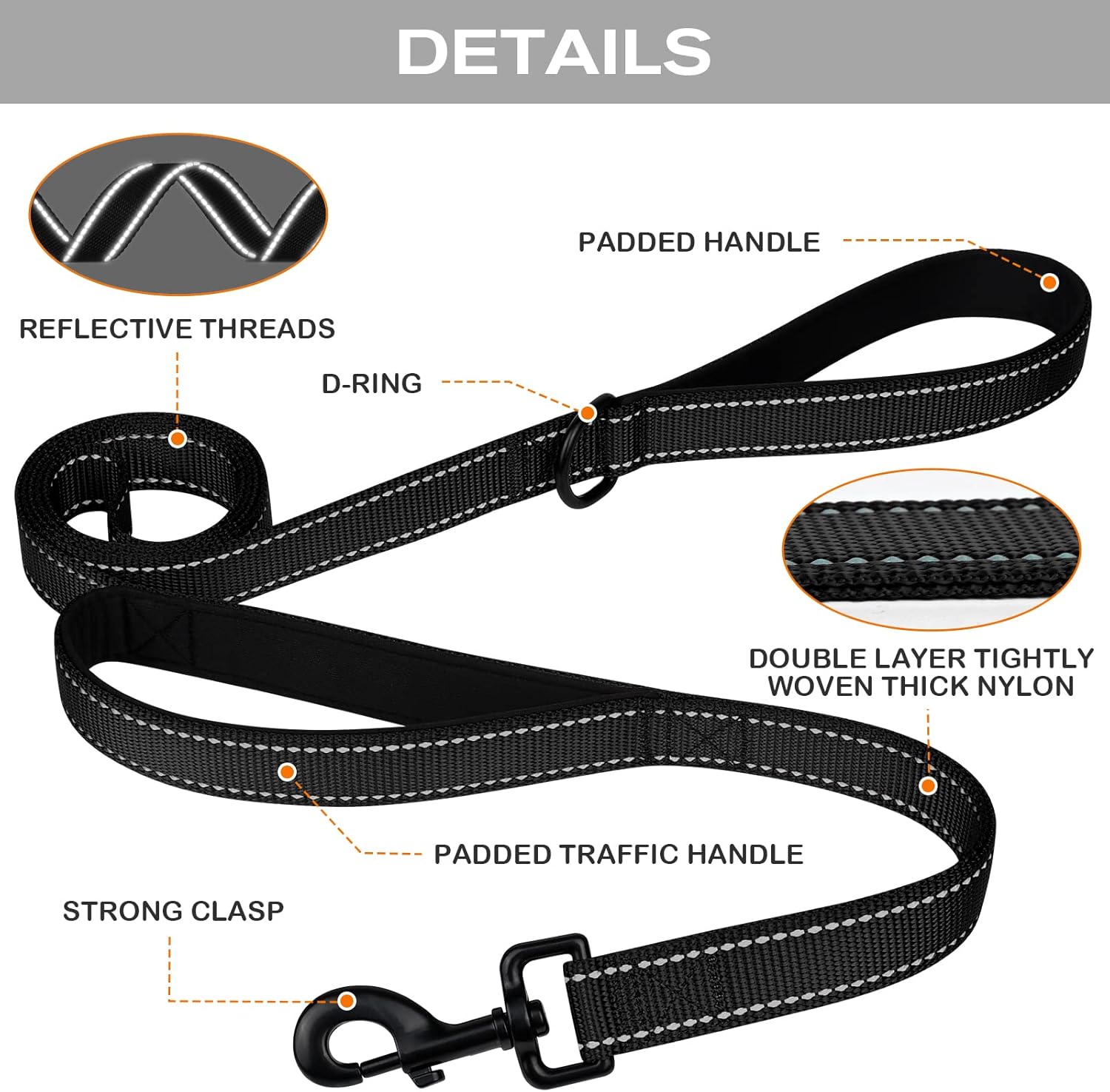 Martingale Dog Collar(12.5-16''), 6FT Double Handle Leash for Training, Black -