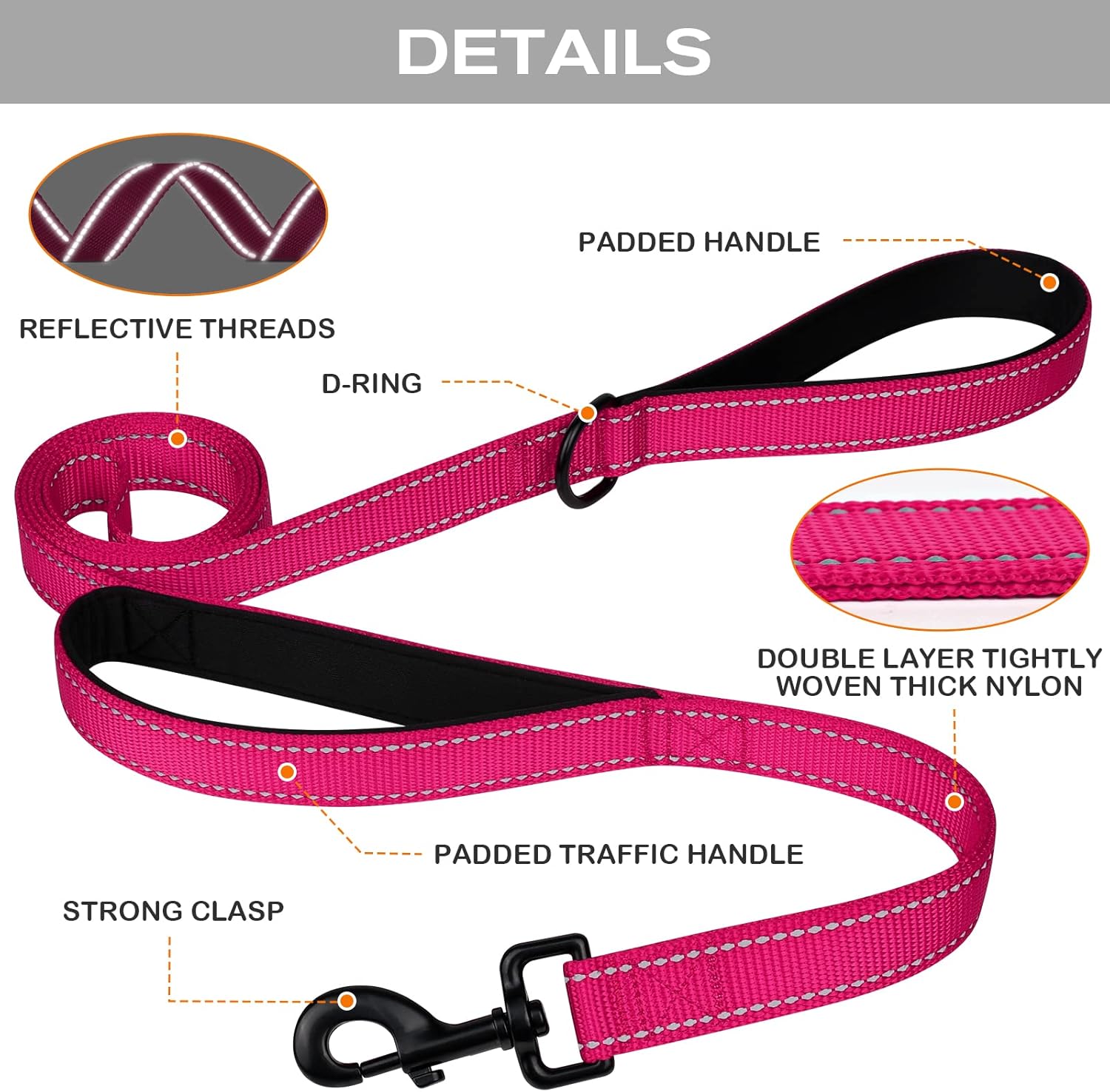 Martingale Dog Collar(16-20"), 6FT Double Handle Leash for Training, Hotpink -