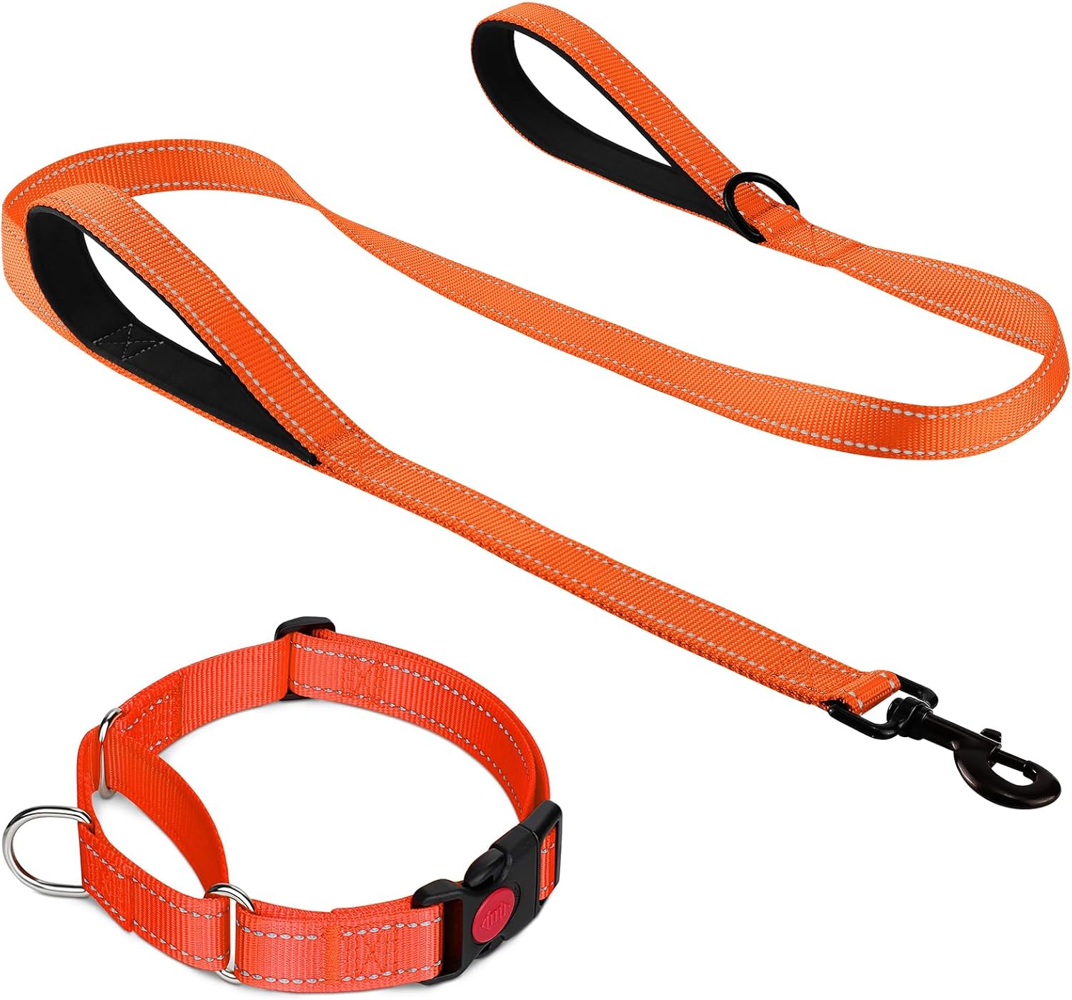 Martingale Dog Collar(16-20"), 6FT Double Handle Leash for Training, Orange -