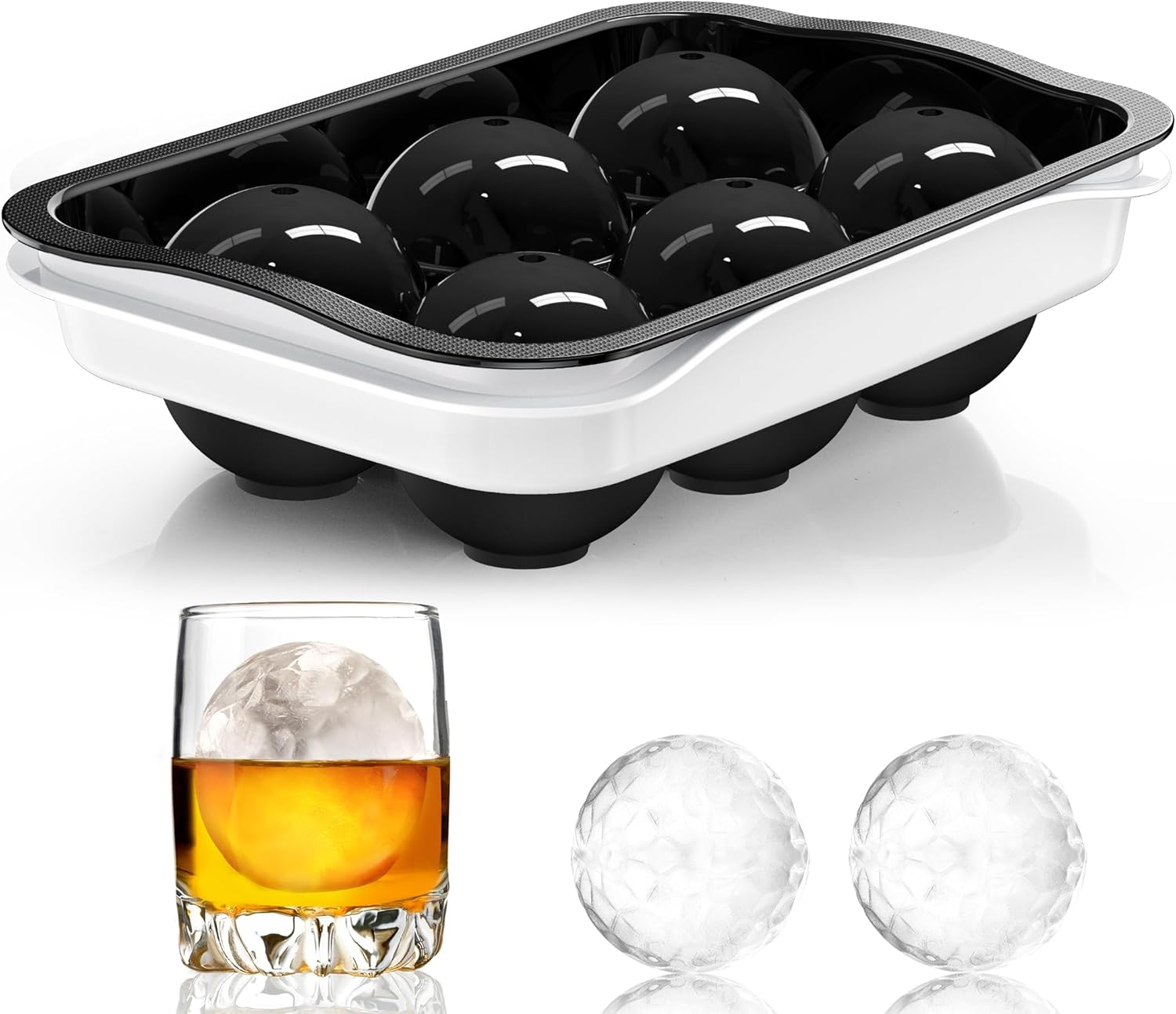 Round Ice Cube Mold with Lid - 2.2 Inch Sphere Ball Maker, Large Whiskey Cubes Easy Release, Reusable Silicone & Plastic Tray for Bourbon, Scotch, Brandy, Cocktails, Gift Black&White
