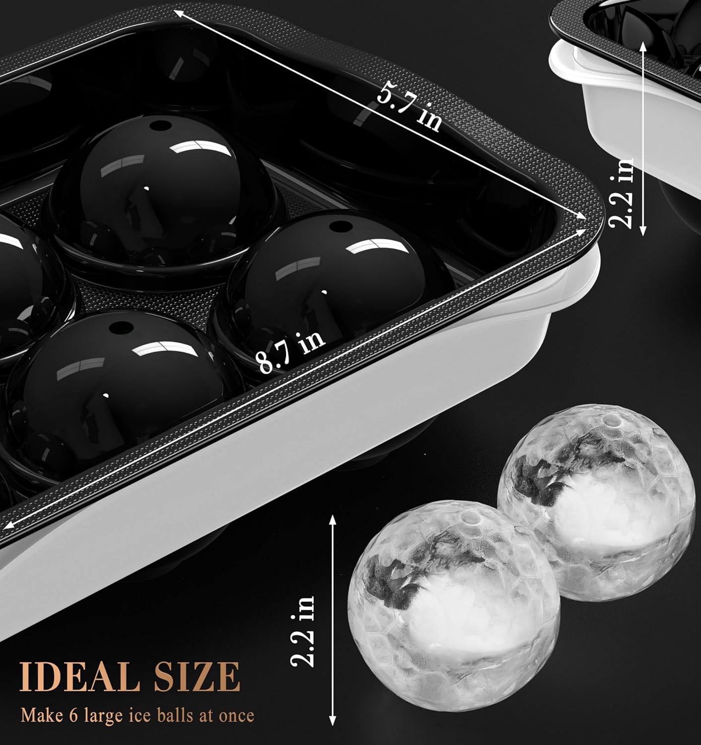 Round Ice Cube Mold with Lid - 2.2 Inch Sphere Ball Maker, Large Whiskey Cubes Easy Release, Reusable Silicone & Plastic Tray for Bourbon, Scotch, Brandy, Cocktails, Gift Black&White