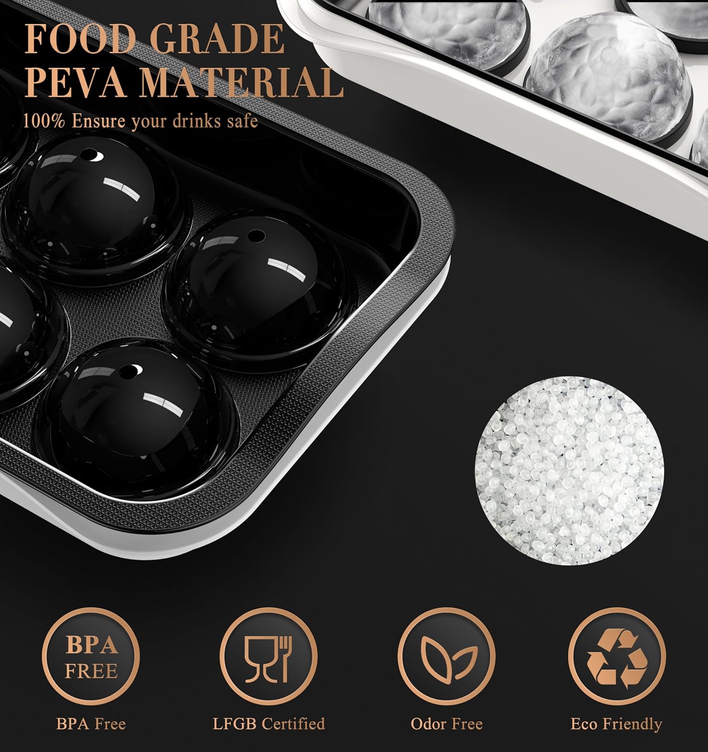 Round Ice Cube Mold with Lid - 2.2 Inch Sphere Ball Maker, Large Whiskey Cubes Easy Release, Reusable Silicone & Plastic Tray for Bourbon, Scotch, Brandy, Cocktails, Gift Black&White