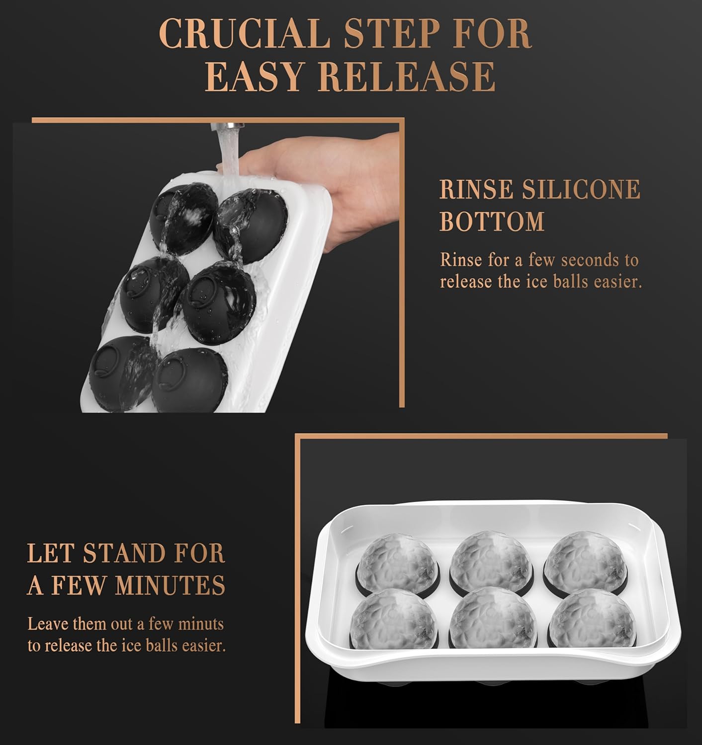 Round Ice Cube Mold with Lid - 2.2 Inch Sphere Ball Maker, Large Whiskey Cubes Easy Release, Reusable Silicone & Plastic Tray for Bourbon, Scotch, Brandy, Cocktails, Gift Black&White
