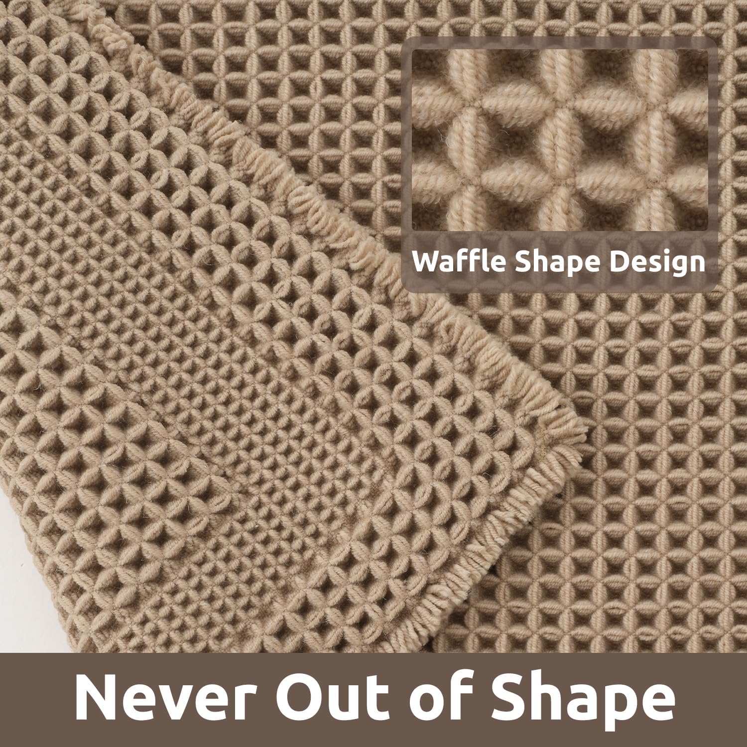 Waffle Bath-Mat, Absorbent Bath Mats for Bathroom Non Slip, Machine Washable Rugs with Tassels Ultra Soft Boho Floor 17''x24'' Beige