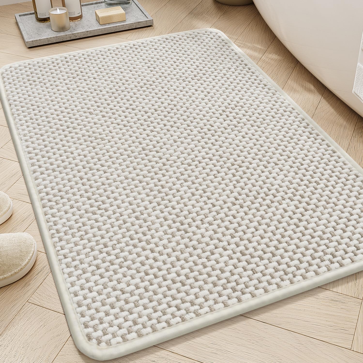 Chenille Bath Mat Super Absorbent Bathroom Quick Dry Mats for Rubber Backed Rugs Non Slip Washable Fit Under Door, Front of Bathtub, Sink, Beige&White 17"x24" Beige&white 17" x 24"