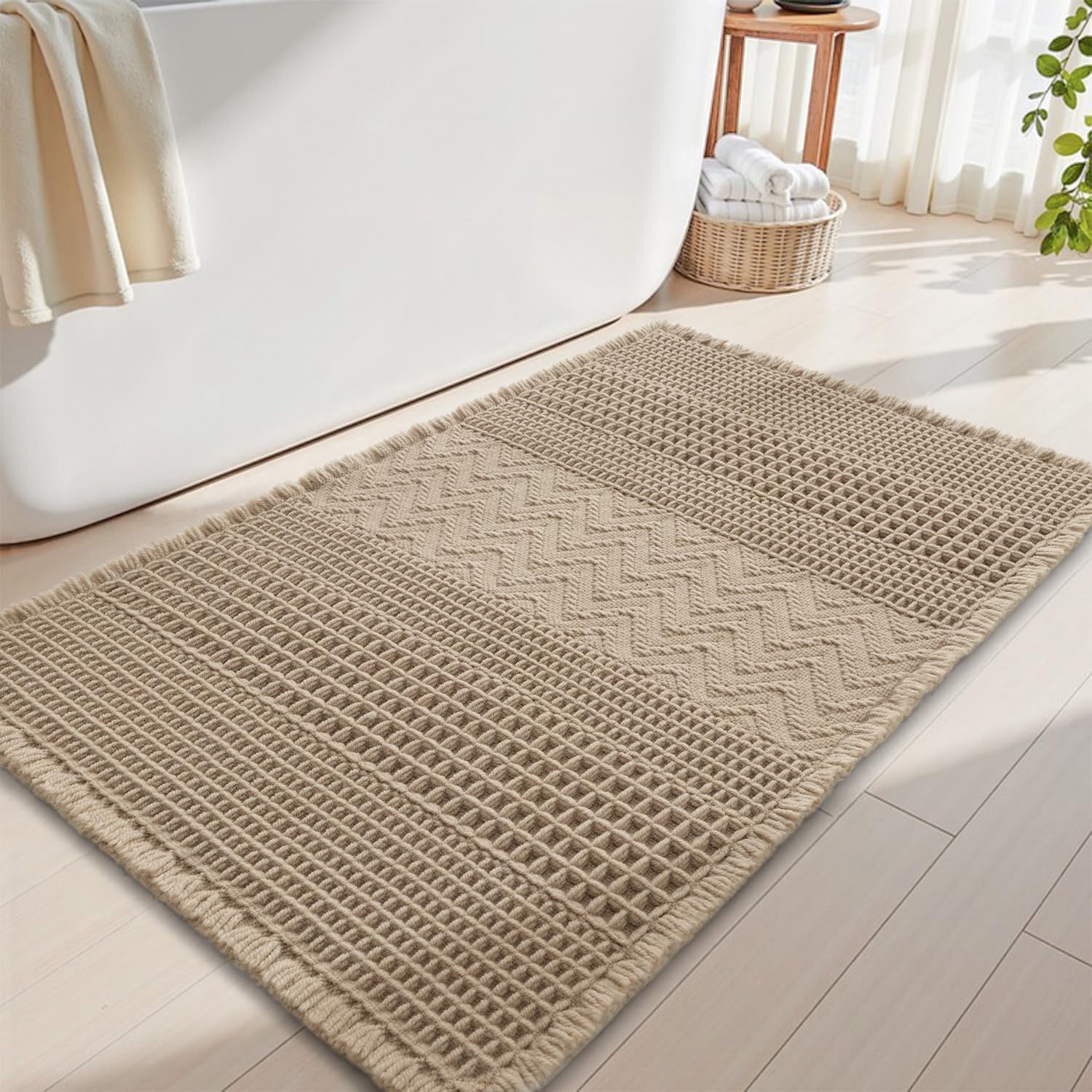 Waffle Bath-Mat, Super Absorbent Bath Mats for Bathroom, Boho Bathroom Rugs Non Slip Washable, Ultra Soft Bathroom-Mat with Tassels Floor Mat, 20" X 32" Brown Brwon 20"x32"