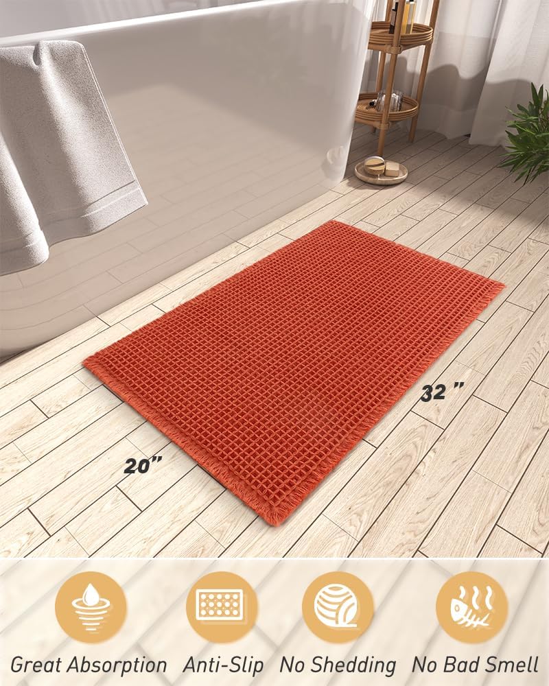 Upgraded Waffle Bath Mat, Super Absorbent Non Slip Mats for Bathroom Floor, Machine Washable Rugs with Tassels, Rubber Backed Mats, Ultra Soft, 20" x 32", Orange -