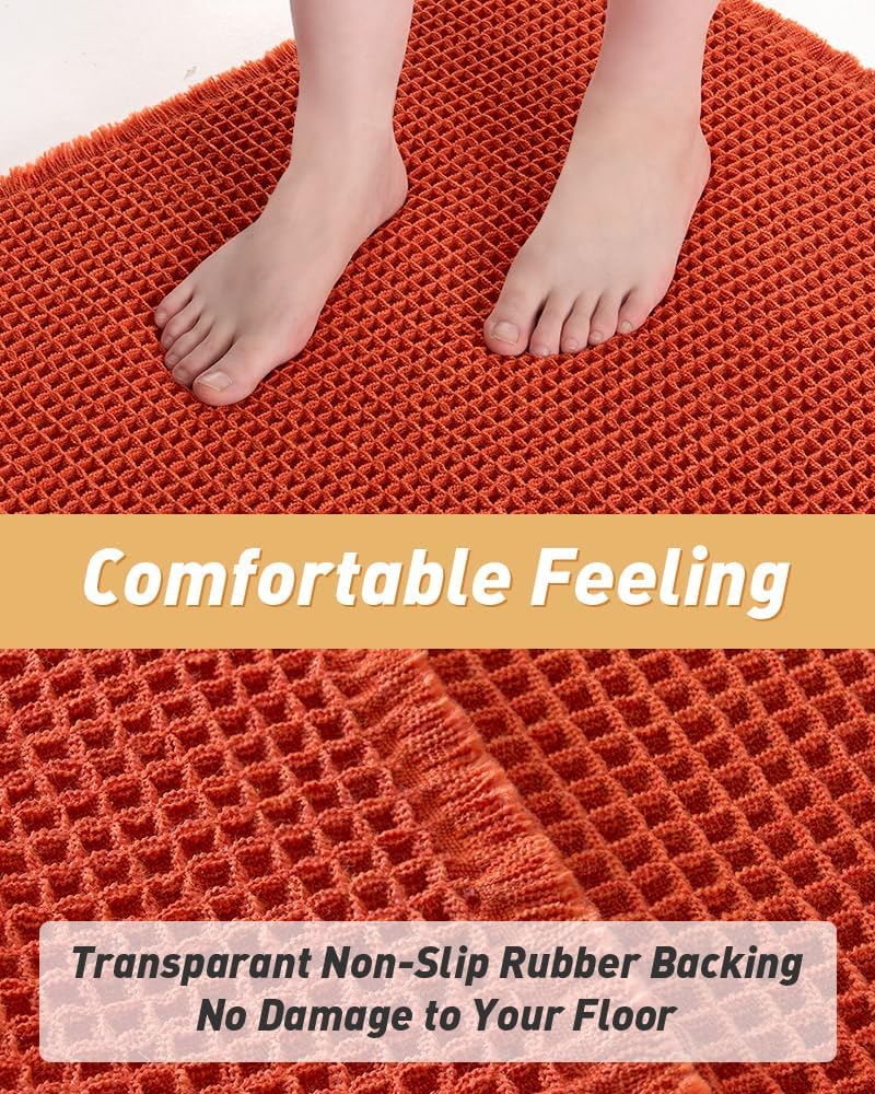 Upgraded Waffle Bath Mat, Super Absorbent Non Slip Mats for Bathroom Floor, Machine Washable Rugs with Tassels, Rubber Backed Mats, Ultra Soft, 20" x 32", Orange -