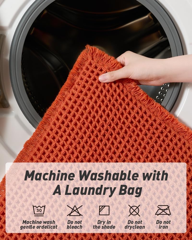 Upgraded Waffle Bath Mat, Super Absorbent Non Slip Mats for Bathroom Floor, Machine Washable Rugs with Tassels, Rubber Backed Mats, Ultra Soft, 20" x 32", Orange -