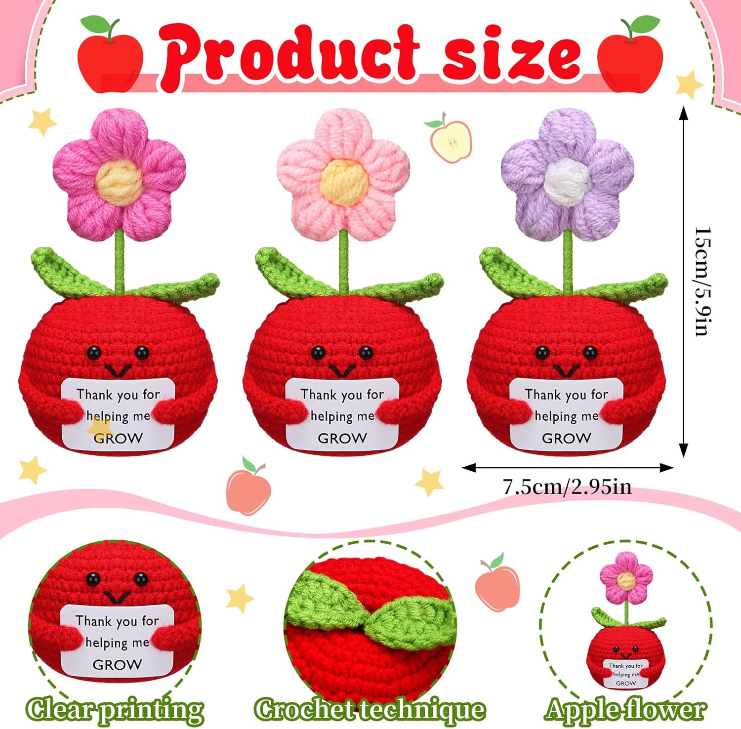 3 Pcs Teacher Appreciation Gifts Easter Gift Positive Flower Handmade Crochet Doll Thank You for Helping Me Grow Teachers Week(Apple) -