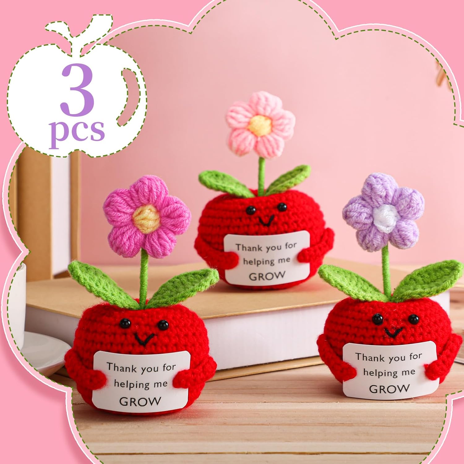 3 Pcs Teacher Appreciation Gifts Easter Gift Positive Flower Handmade Crochet Doll Thank You for Helping Me Grow Teachers Week(Apple) -