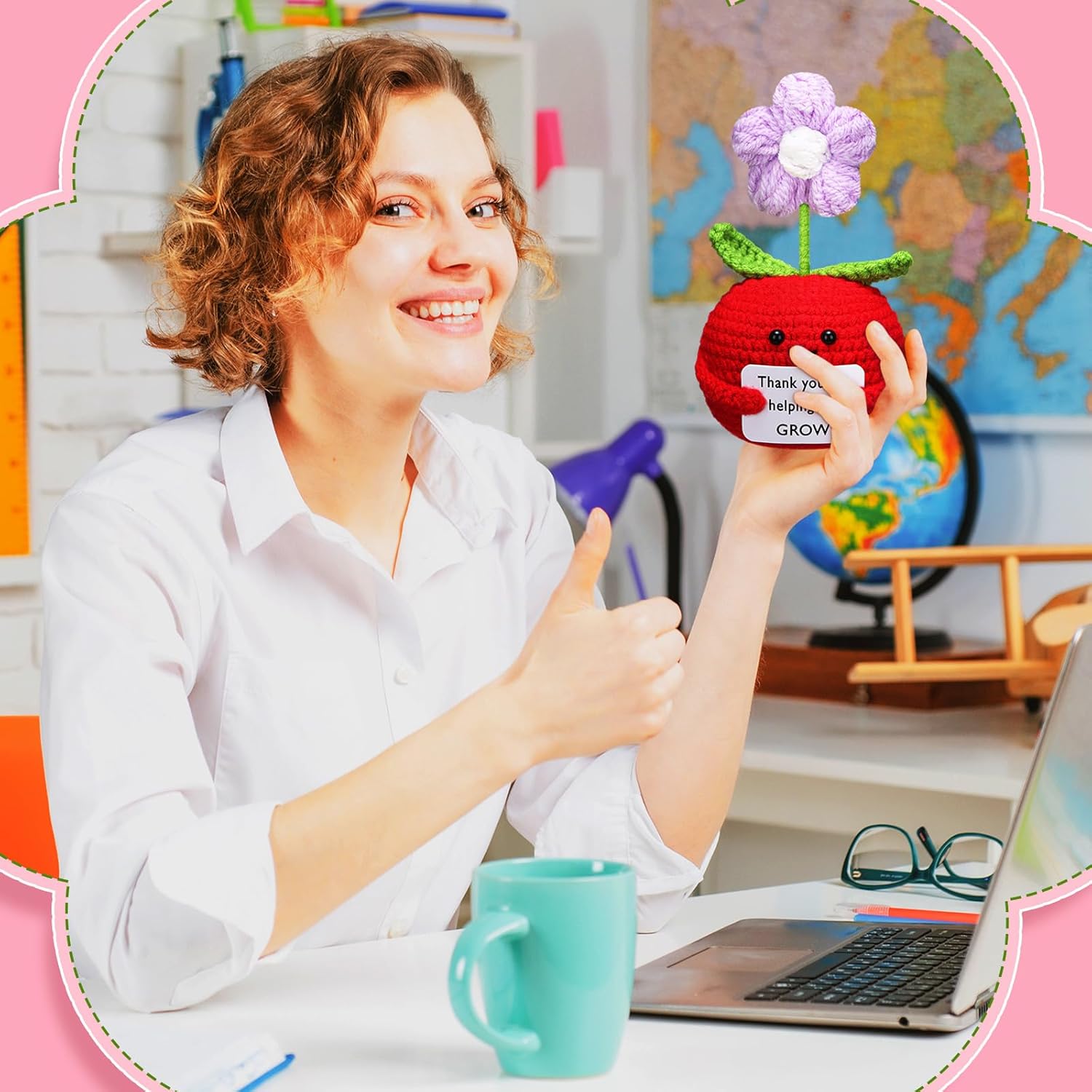 3 Pcs Teacher Appreciation Gifts Easter Gift Positive Flower Handmade Crochet Doll Thank You for Helping Me Grow Teachers Week(Apple) -