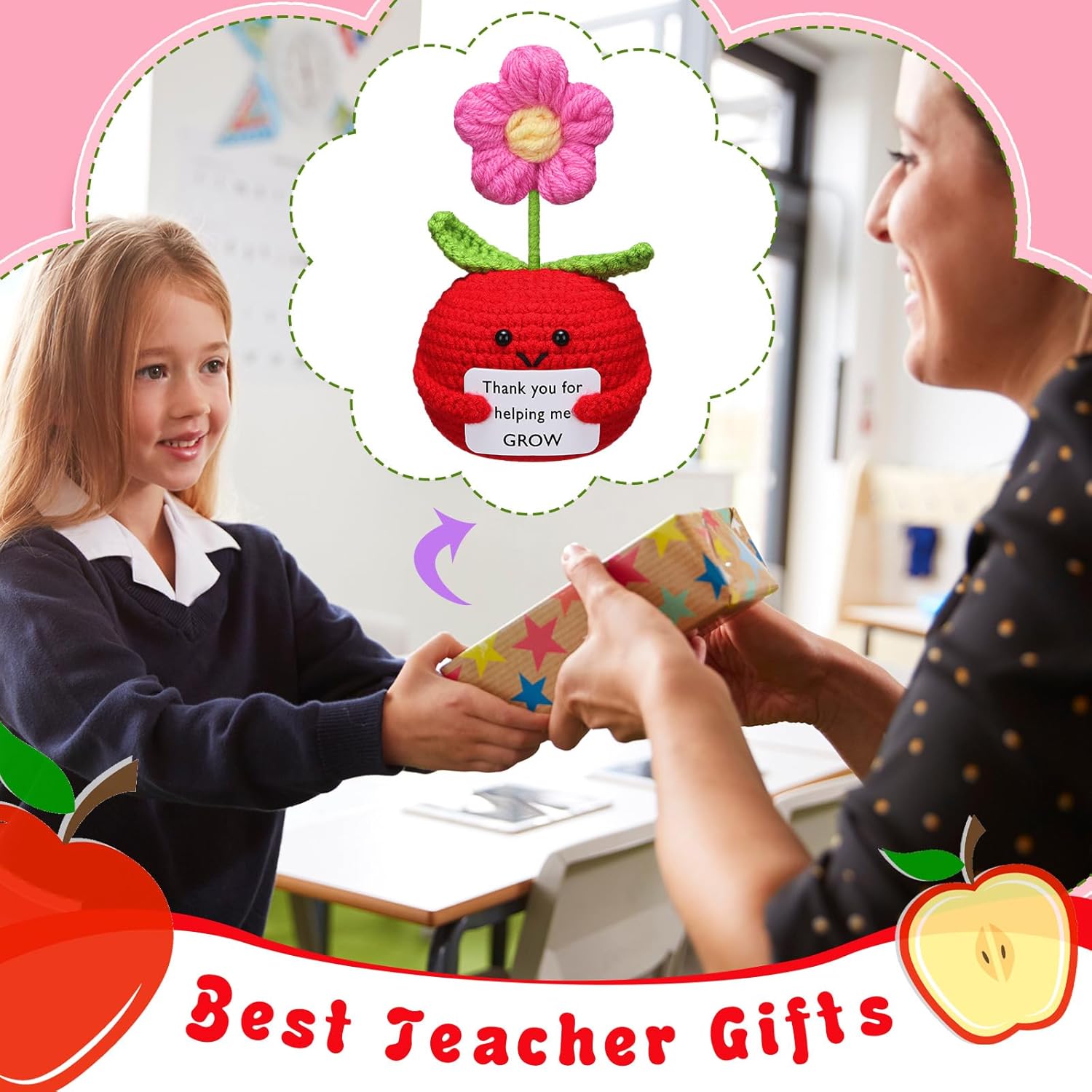 3 Pcs Teacher Appreciation Gifts Easter Gift Positive Flower Handmade Crochet Doll Thank You for Helping Me Grow Teachers Week(Apple) -