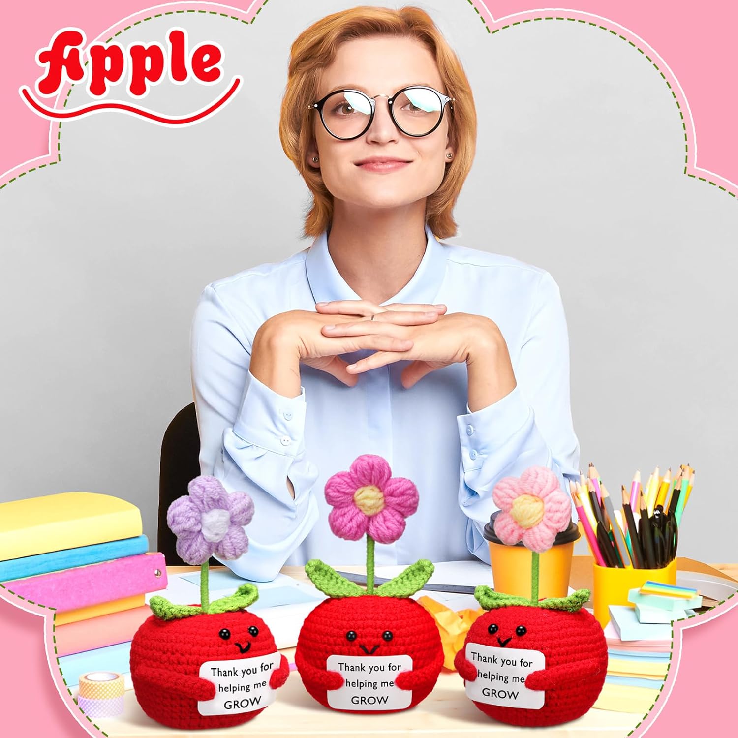3 Pcs Teacher Appreciation Gifts Easter Gift Positive Flower Handmade Crochet Doll Thank You for Helping Me Grow Teachers Week(Apple) -