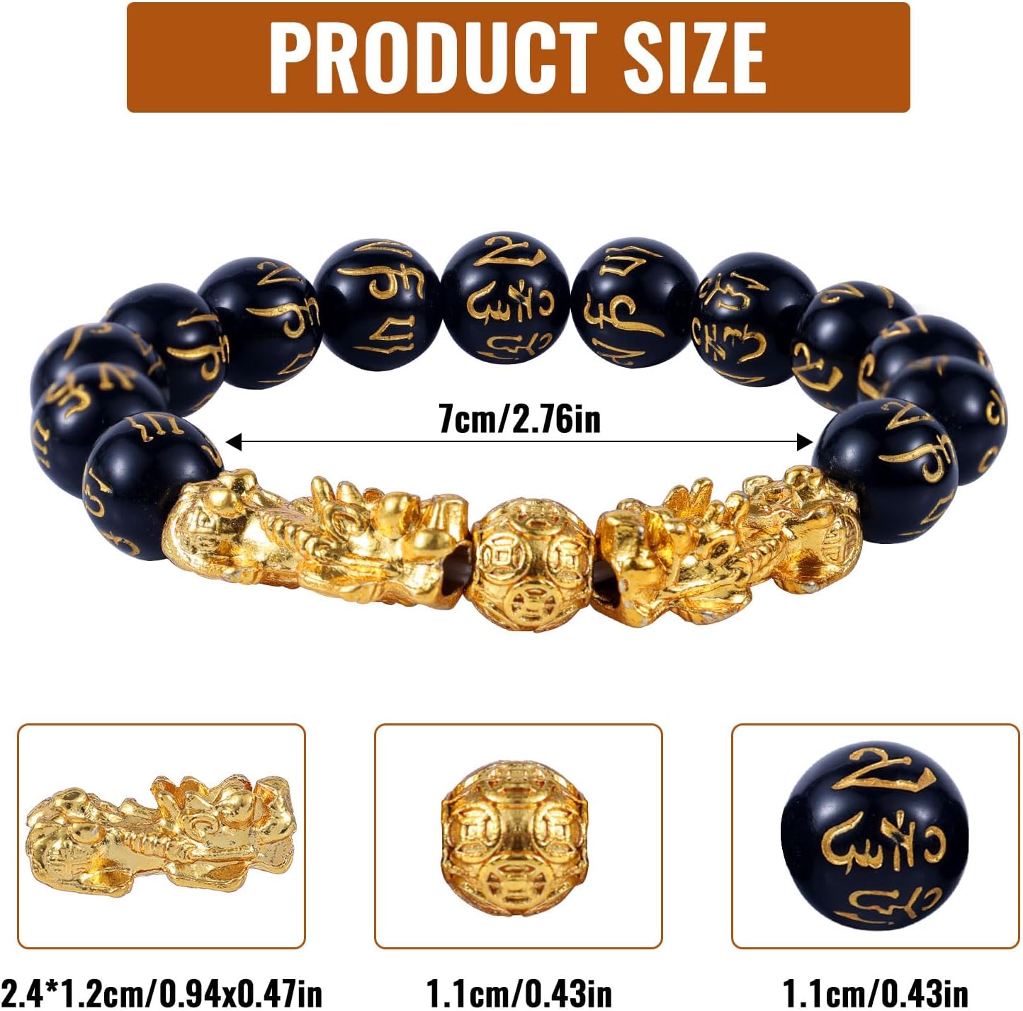3pcs Wealth Bracelets, Imitation Obsidian Good Luck Bracelet with Chinese Mythical Beasts Charms for Protection Bring & Gold and Black Beaded Jewelry Gift Men Women -
