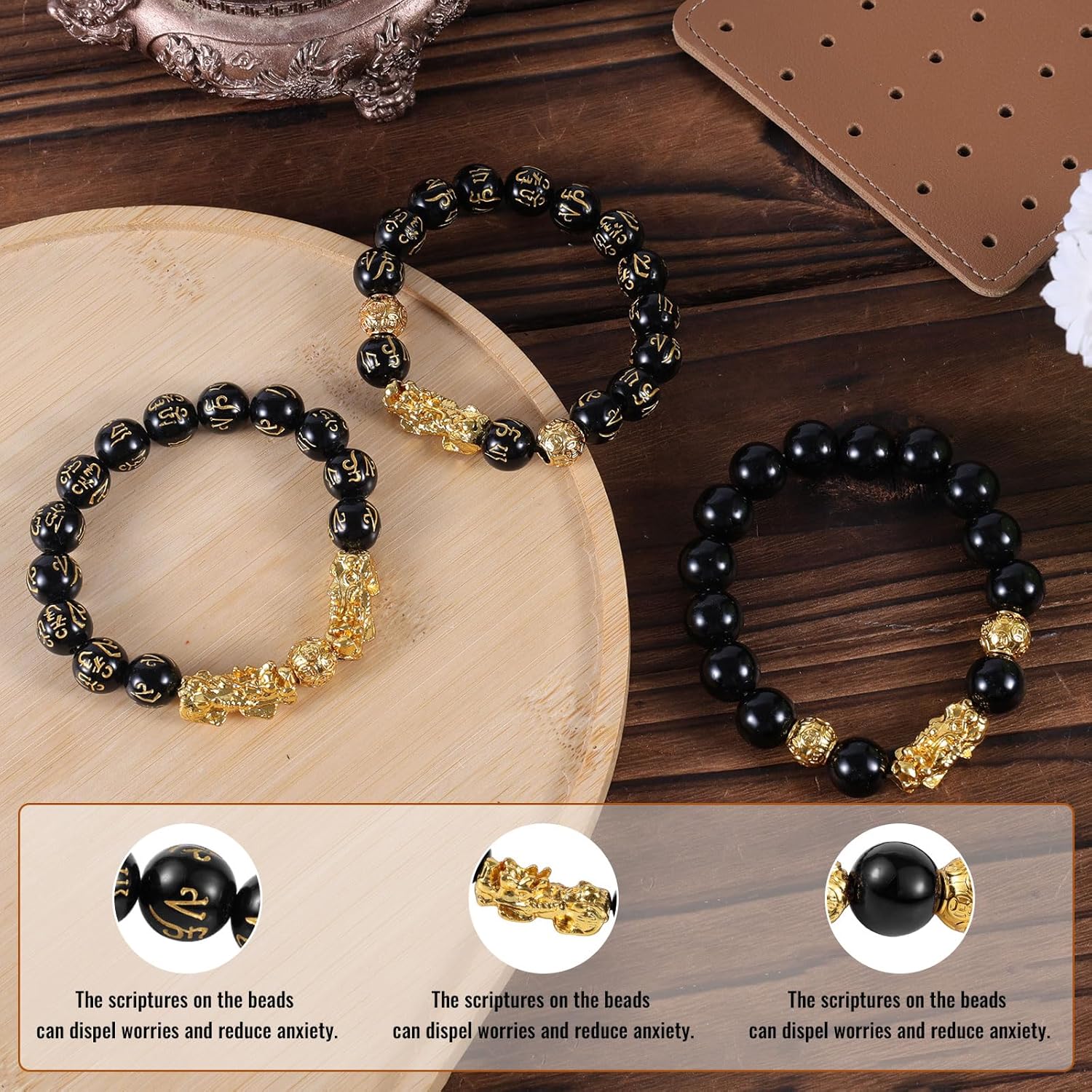 3pcs Wealth Bracelets, Imitation Obsidian Good Luck Bracelet with Chinese Mythical Beasts Charms for Protection Bring & Gold and Black Beaded Jewelry Gift Men Women -