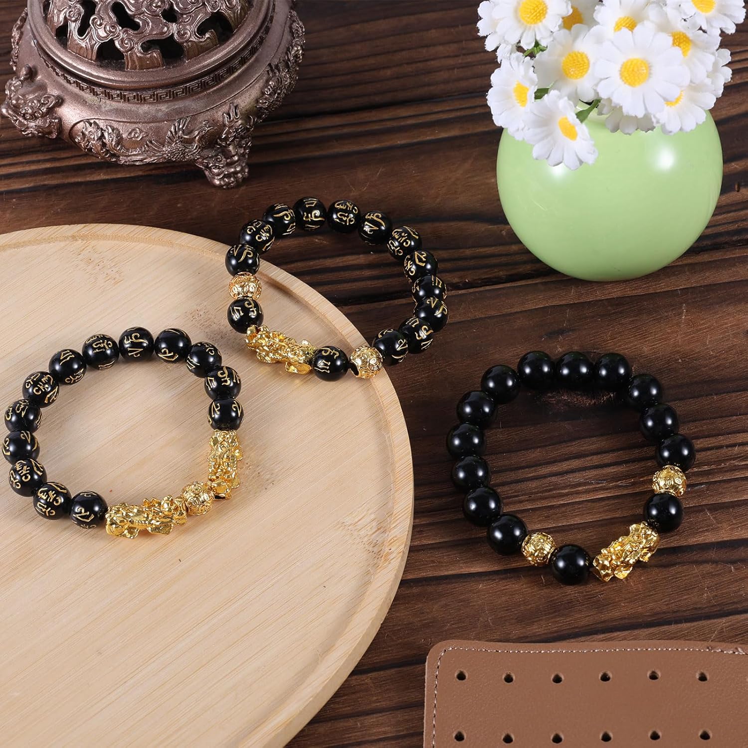 3pcs Wealth Bracelets, Imitation Obsidian Good Luck Bracelet with Chinese Mythical Beasts Charms for Protection Bring & Gold and Black Beaded Jewelry Gift Men Women -