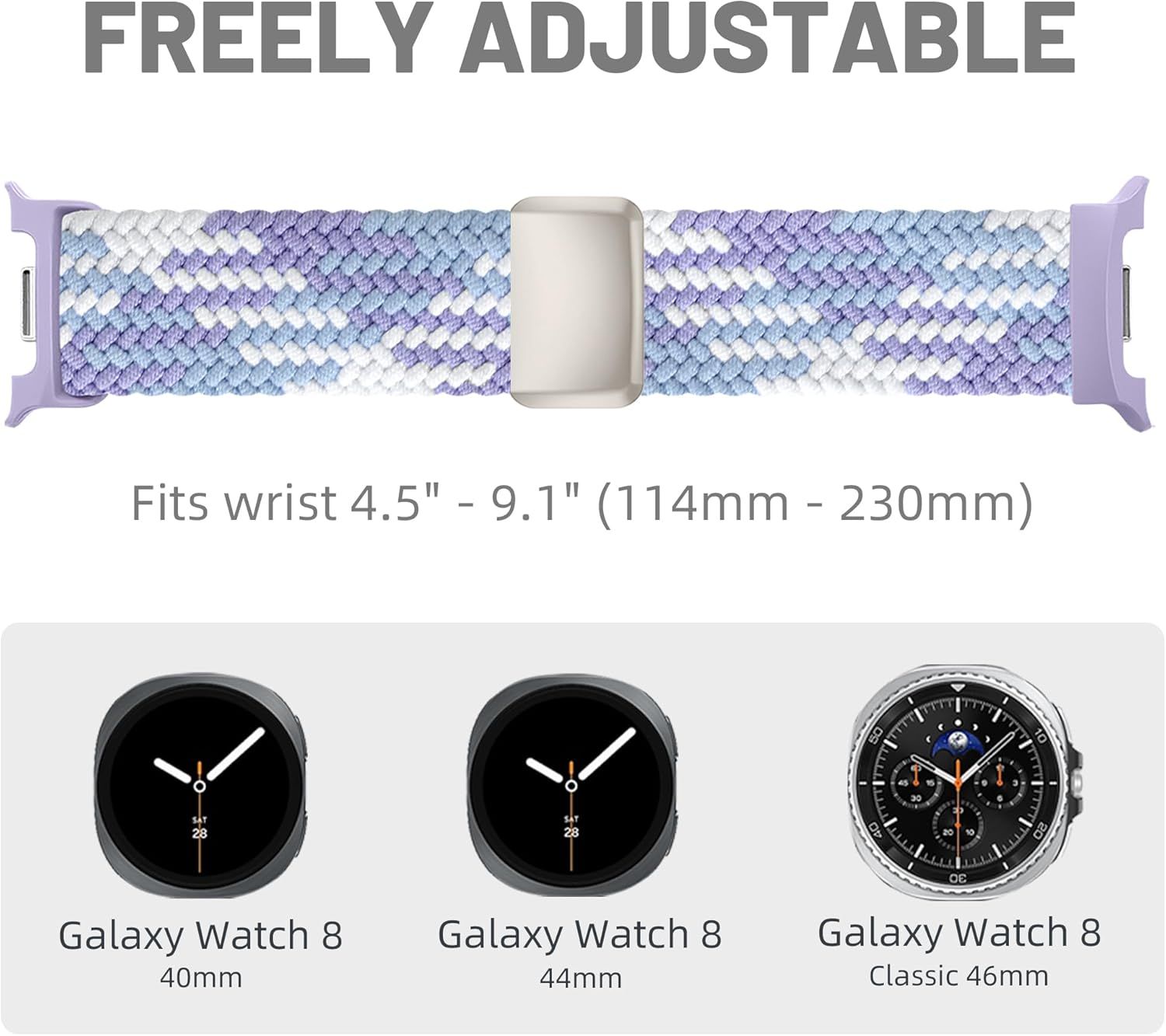 Magnetic Braided Band Compatible with Samsung Galaxy Watch 8 Band 40mm 44mm/Galaxy Watch 8 Classic 46mm Women Men, Stretchy Nylon Fabric Sport Strap No Gap Soft Comfort Wristband Accessories