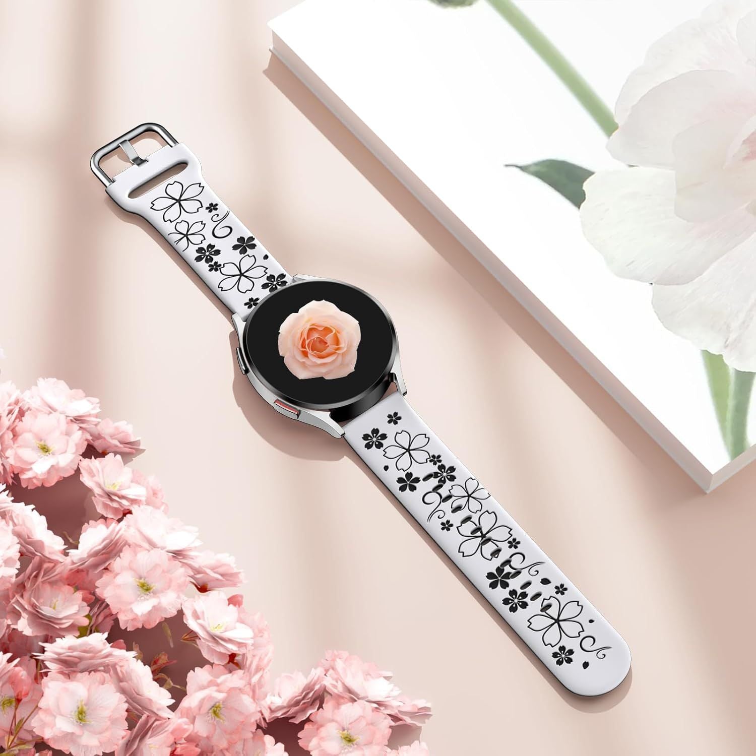 Floral Engraved Band-Compatible with Samsung Galaxy Watch 7 Band 6 4 5 40mm 44mm/5 Pro/6 4 Classic/Active 2, 20mm Cute Two-Tone Flower Soft Silicone Sport Strap for Samsung Watch Bands Women Men