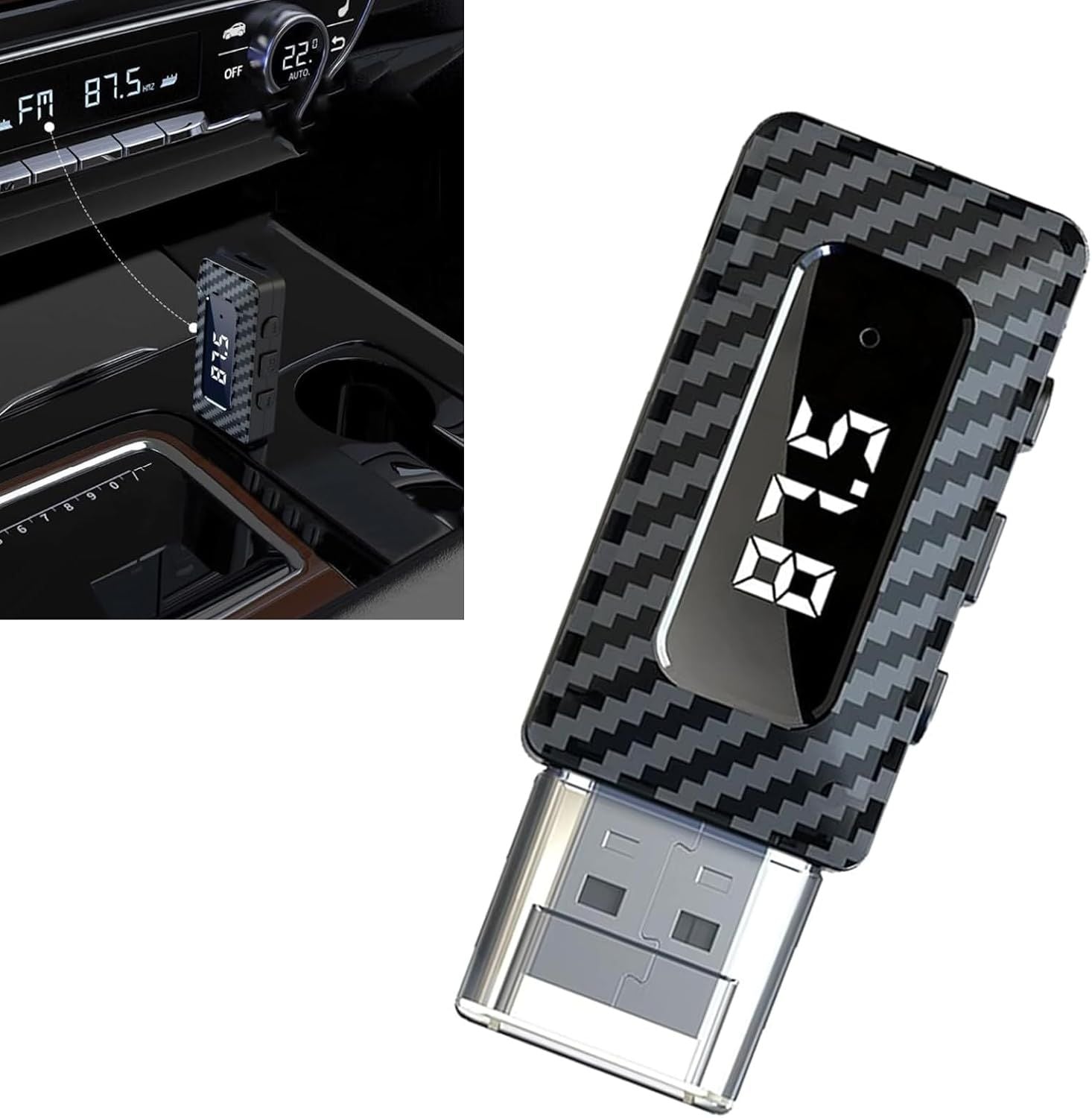Car USB Bluetooth Receiver, 5.3 Chip Wireless FM Transmitter with LED Display, Adjustable Audio Adapter with USB Interface and 0.13" Jack, Universal Modification for Stereo System (Black)
