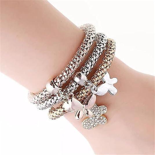 Crystal Charms Multilayer Bracelets - 3pcs Gold/silver/rose Gold Corn Chain Bracelet For Women, Tree Of Life Heart Shaped Stretch Bracelet