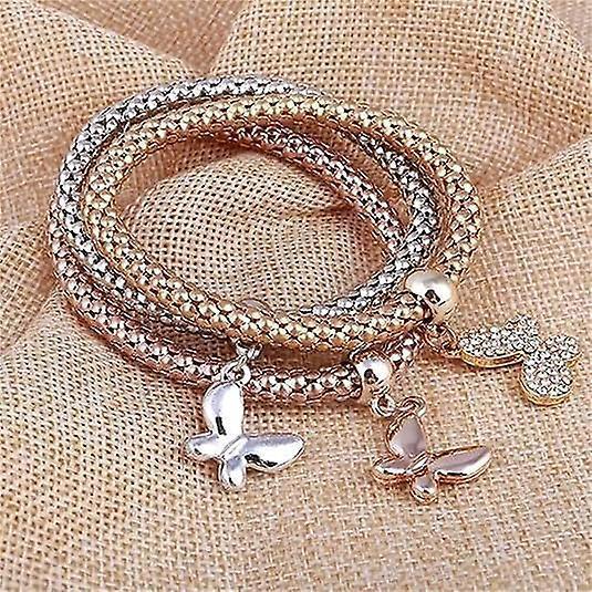 Crystal Charms Multilayer Bracelets - 3pcs Gold/silver/rose Gold Corn Chain Bracelet For Women, Tree Of Life Heart Shaped Stretch Bracelet