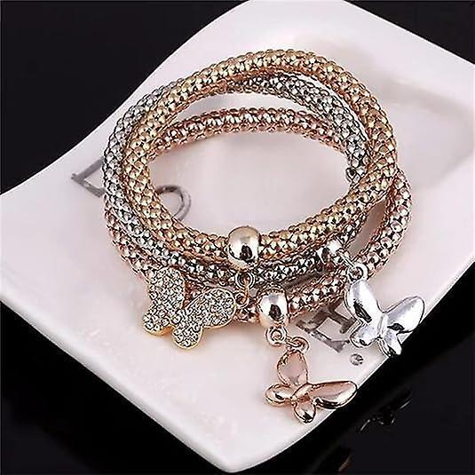 Crystal Charms Multilayer Bracelets - 3pcs Gold/silver/rose Gold Corn Chain Bracelet For Women, Tree Of Life Heart Shaped Stretch Bracelet