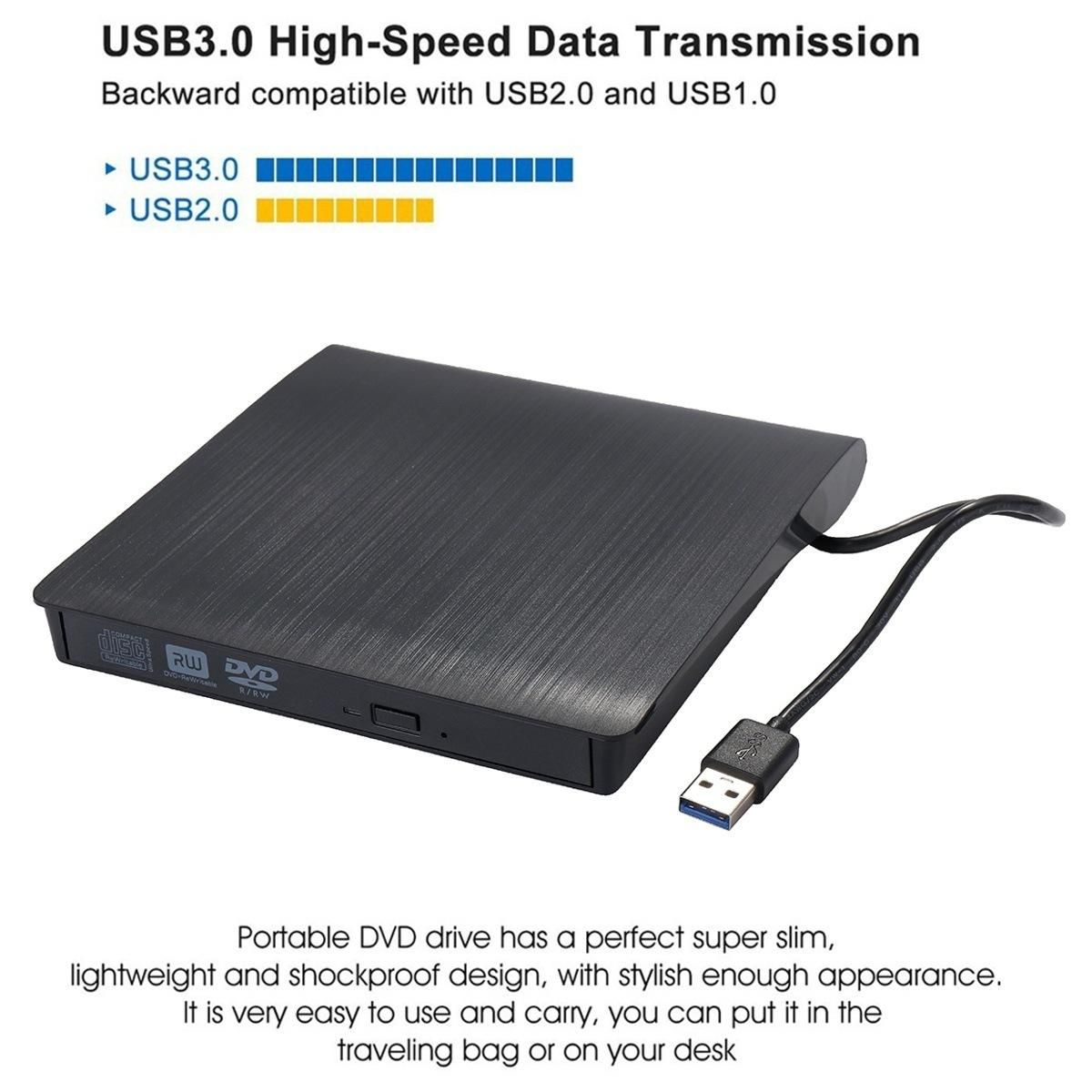 External CD Drive USB 3.0 Slim DVD Burner High Speed Data Transfer for Laptop Desktop Black