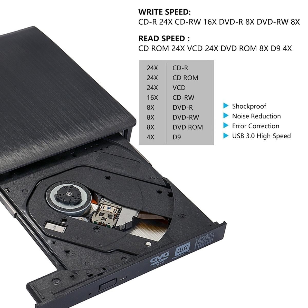 External CD Drive USB 3.0 Slim DVD Burner High Speed Data Transfer for Laptop Desktop Black