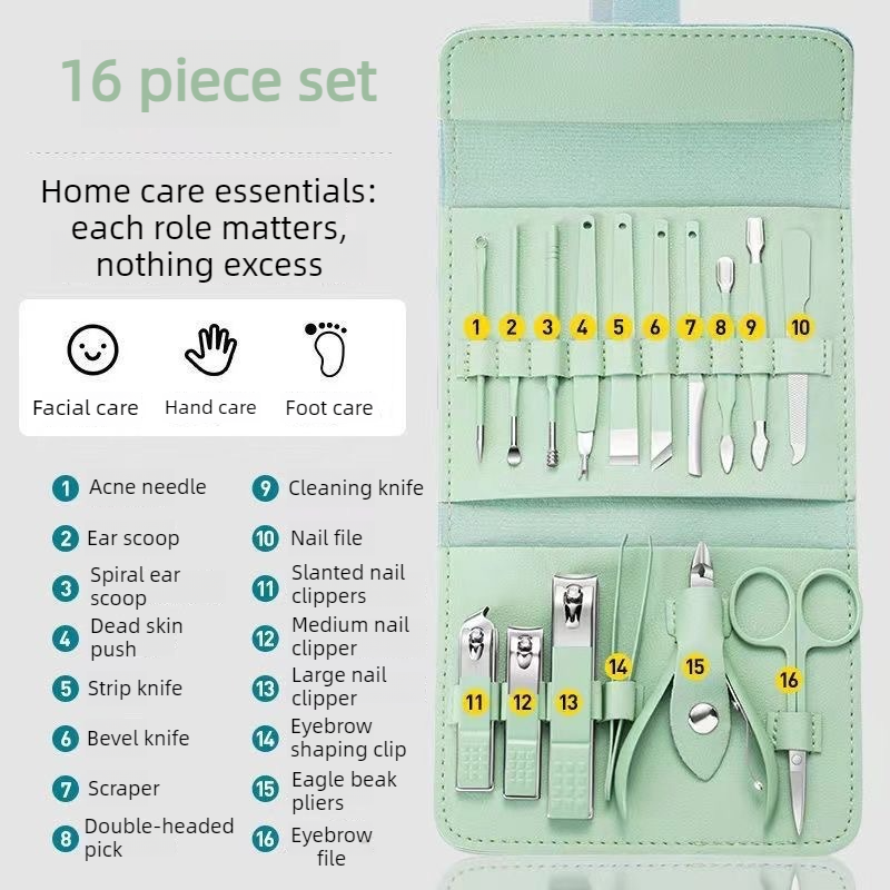 16-Piece Stainless Steel Manicure and Pedicure Set, Home Nail Clippers and Cuticle Tools Kit for Hand, Foot, and Facial Care - Blue