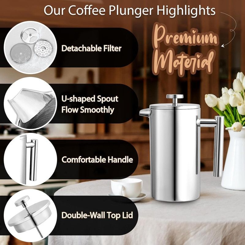 304 Stainless Steel French Press Coffee Maker, Household Hand-Brew Coffee Pot, Includes One Filter – 1000ML