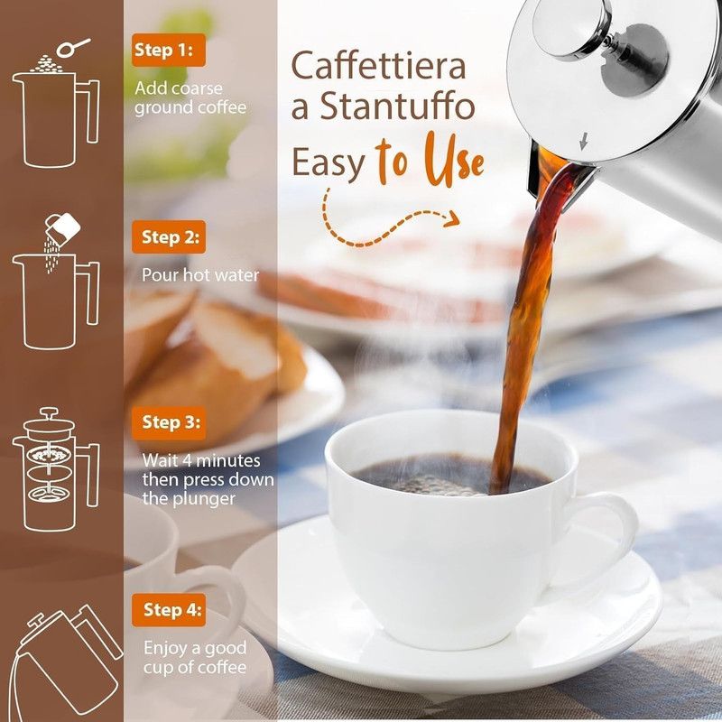 304 Stainless Steel French Press Coffee Maker, Household Hand-Brew Coffee Pot, Includes One Filter – 1500ML