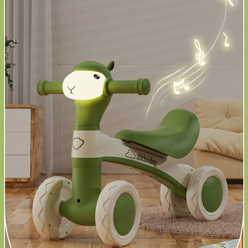 Cartoon Alpaca Kids 4-Wheel Balance Bike, Pedal-Free Toddler Scooter with Lights & Music for Ages 1–3—Blue