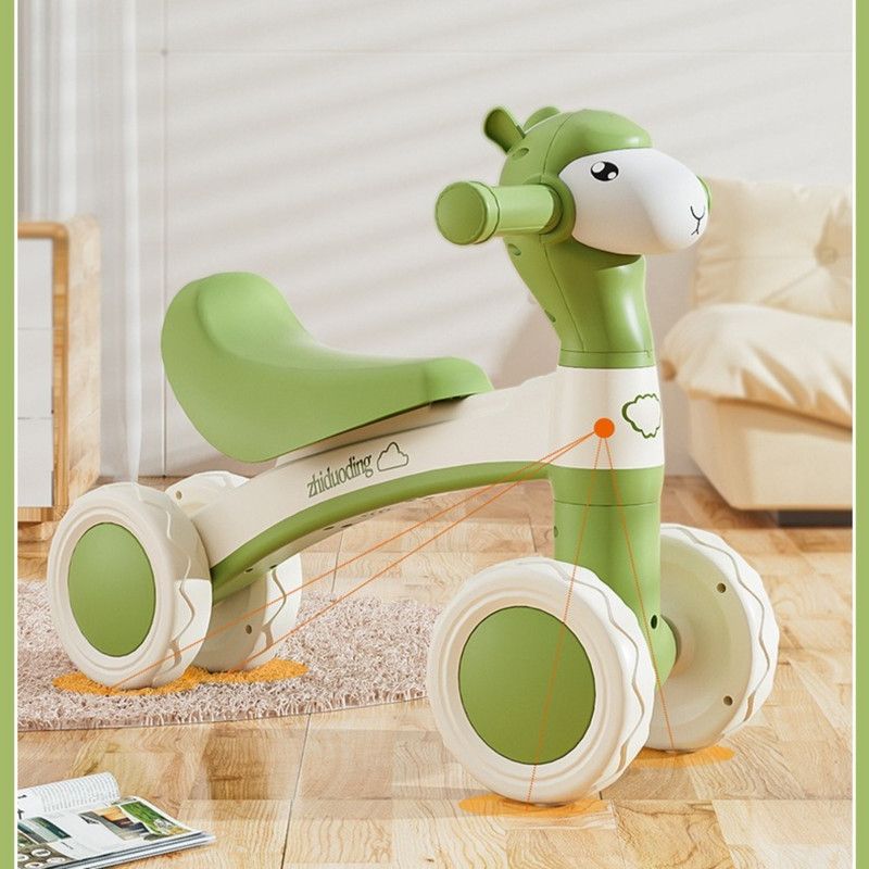 Cartoon Alpaca Kids 4-Wheel Balance Bike, Pedal-Free Toddler Scooter with Lights & Music for Ages 1–3—Blue