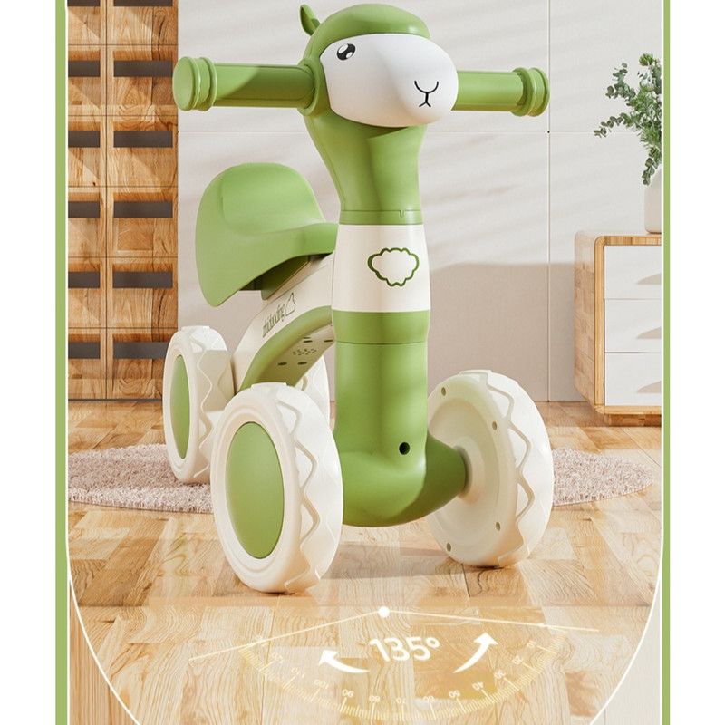 Cartoon Alpaca Kids 4-Wheel Balance Bike, Pedal-Free Toddler Scooter with Lights & Music for Ages 1–3 – Brown