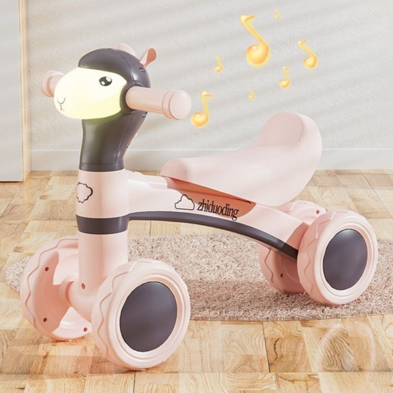 Cartoon Alpaca Kids 4-Wheel Balance Bike, Pedal-Free Toddler Scooter with Lights & Music for Ages 1–3 – Light Pink