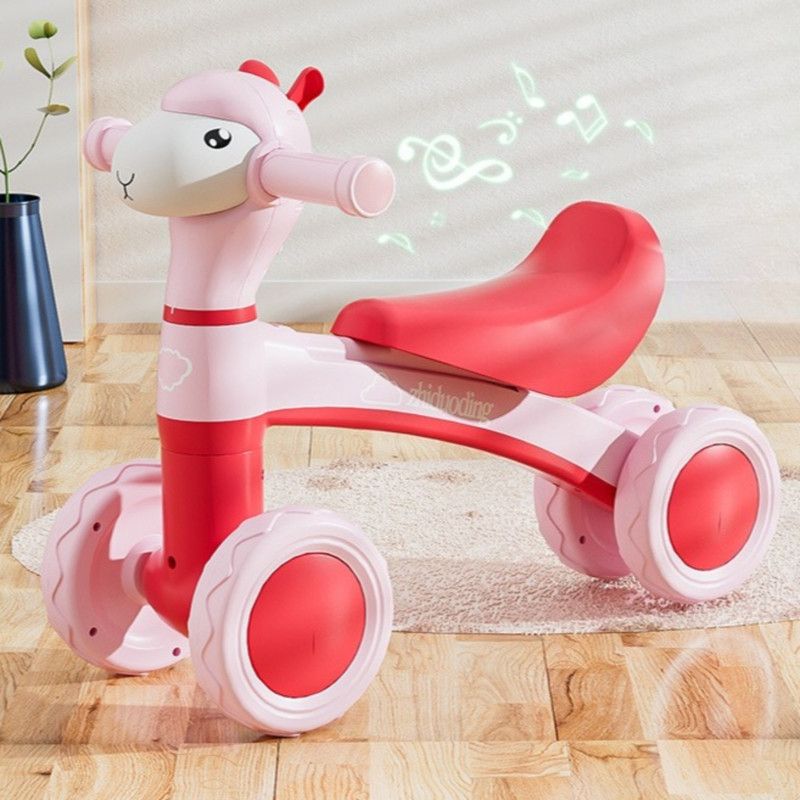 Cartoon Alpaca Kids 4-Wheel Balance Bike, Pedal-Free Toddler Scooter with Lights & Music for Ages 1–3—Pink