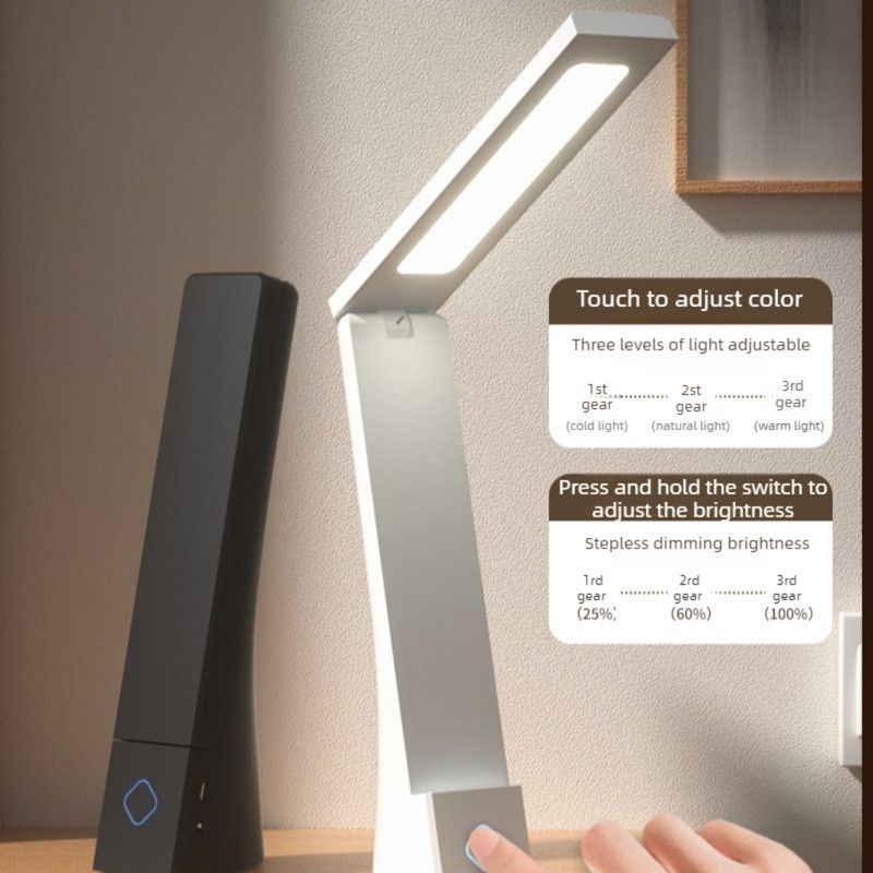 2-in-1 Foldable LED Eye-Caring Desk Lamp, USB-Rechargeable Study Light with Phone Holder—White