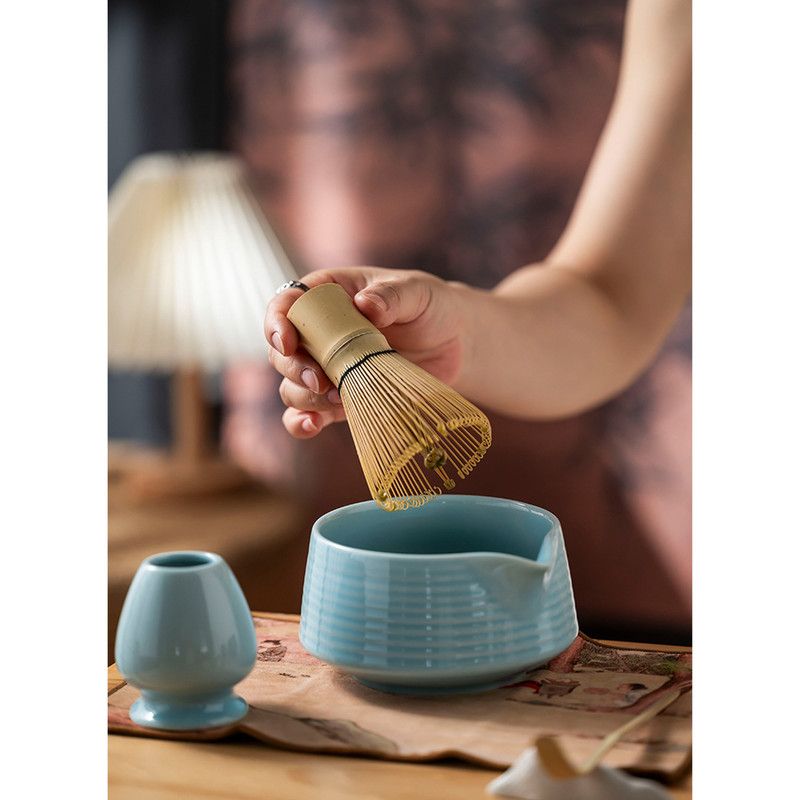 Diancha Tea Whisk Set, Bamboo Tea Tools with Ceramic Tea Bowl, Complete Powder Tea Making Kit, Gift Set for Tea Lovers-Blue