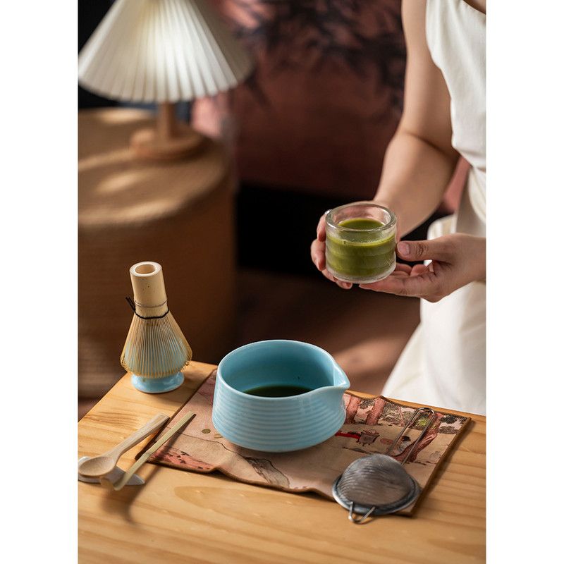 Diancha Tea Whisk Set, Bamboo Tea Tools with Ceramic Tea Bowl, Complete Powder Tea Making Kit, Gift Set for Tea Lovers-Blue