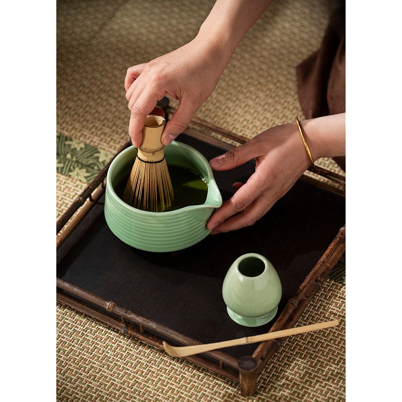 Diancha Tea Whisk Set, Bamboo Tea Tools with Ceramic Tea Bowl, Complete Powder Tea Making Kit, Gift Set for Tea Lovers-Light Green