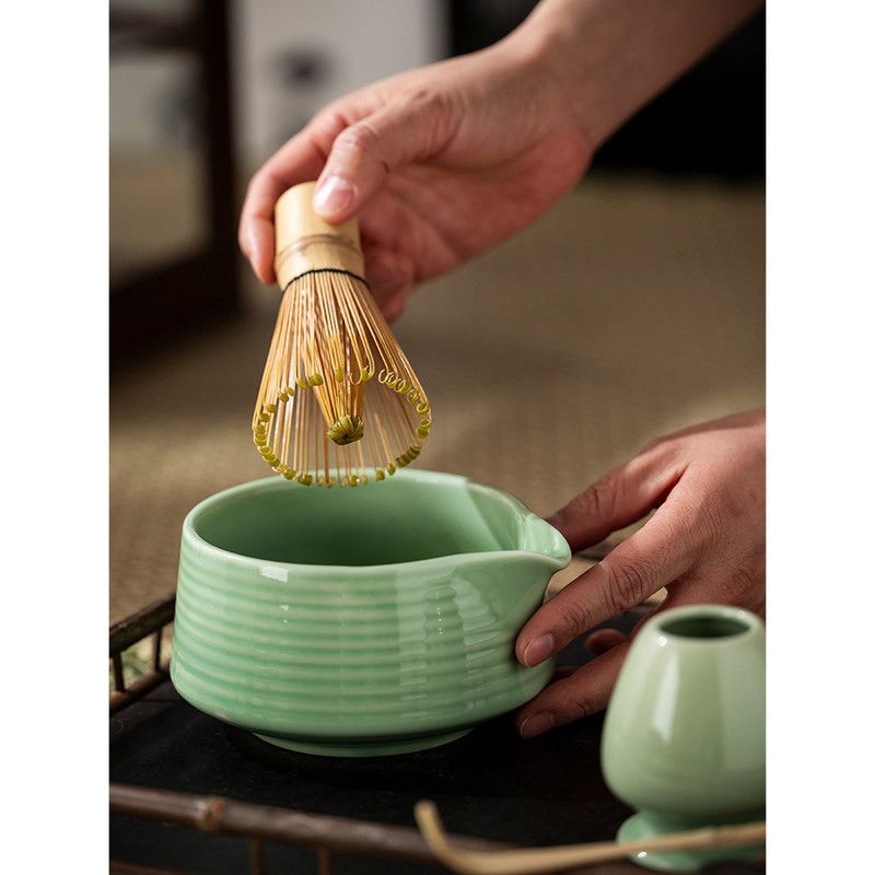 Diancha Tea Whisk Set, Bamboo Tea Tools with Ceramic Tea Bowl, Complete Powder Tea Making Kit, Gift Set for Tea Lovers-Light Green