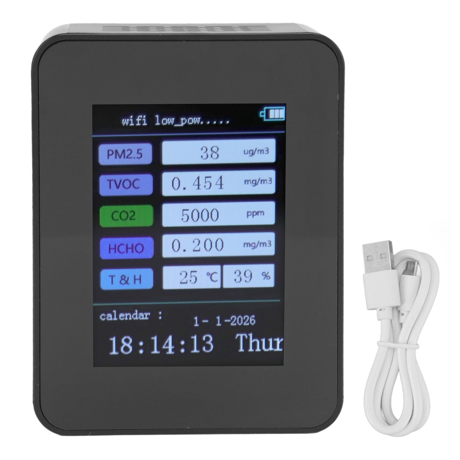Indoor Air Quality Monitor for TUYA WiFi Smart PM2.5 Formaldehyde Testing 7 in 1 Calendar Time Function Air Quality Detector Black WIFI Version VOC